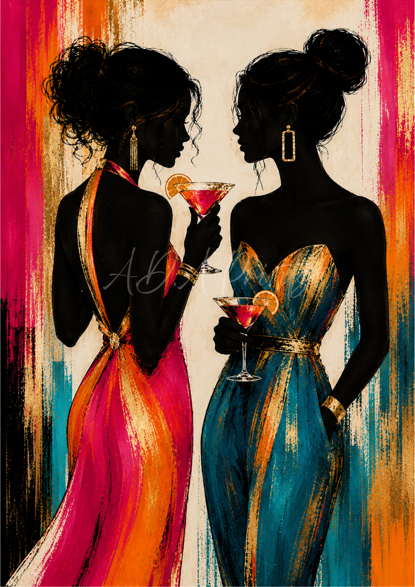 Soul Sisters jazz art print - Original colourway, two glamorous women toasting cocktails