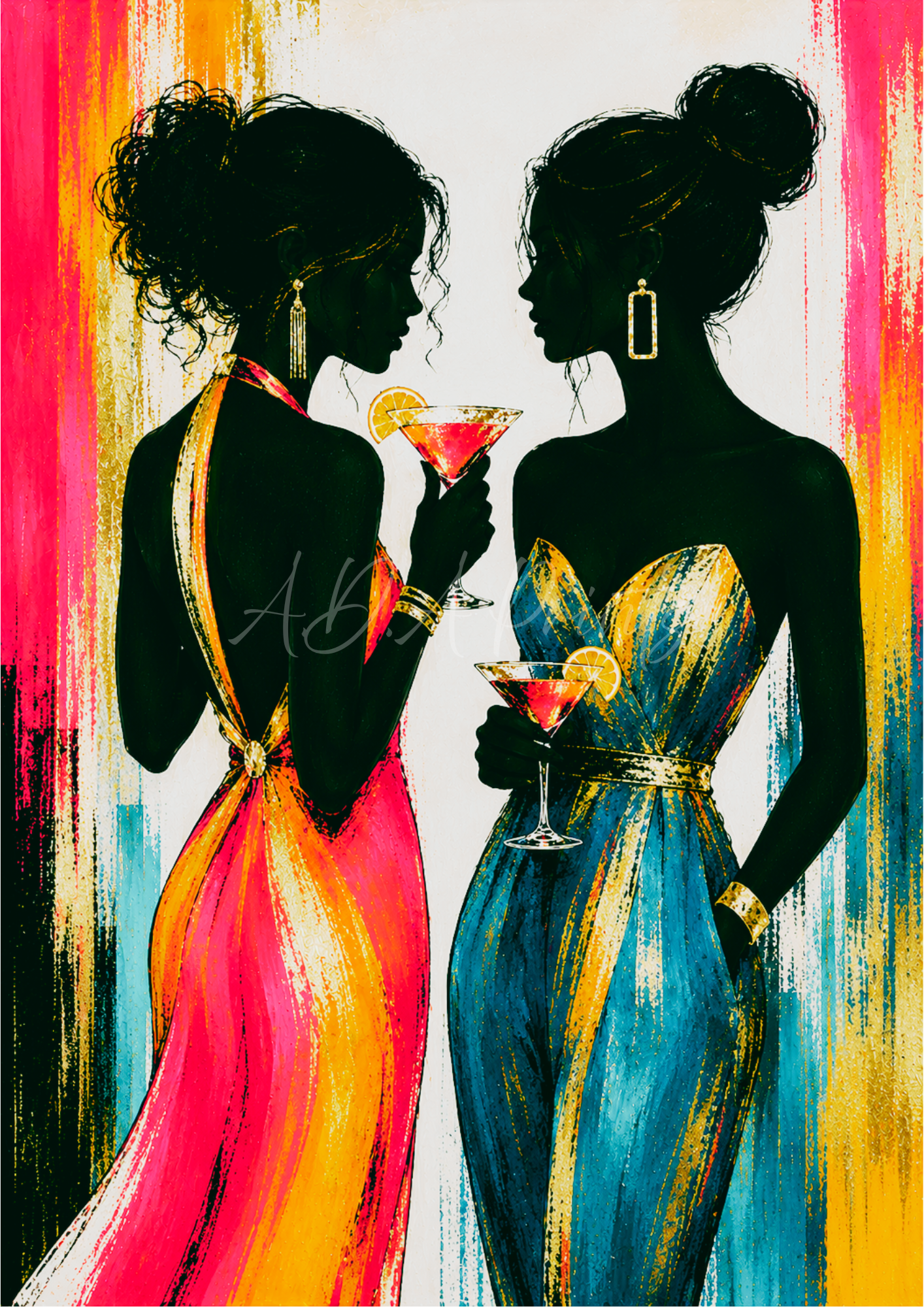 Soul Sisters jazz art print - Sunset colourway, two glamorous women toasting cocktails