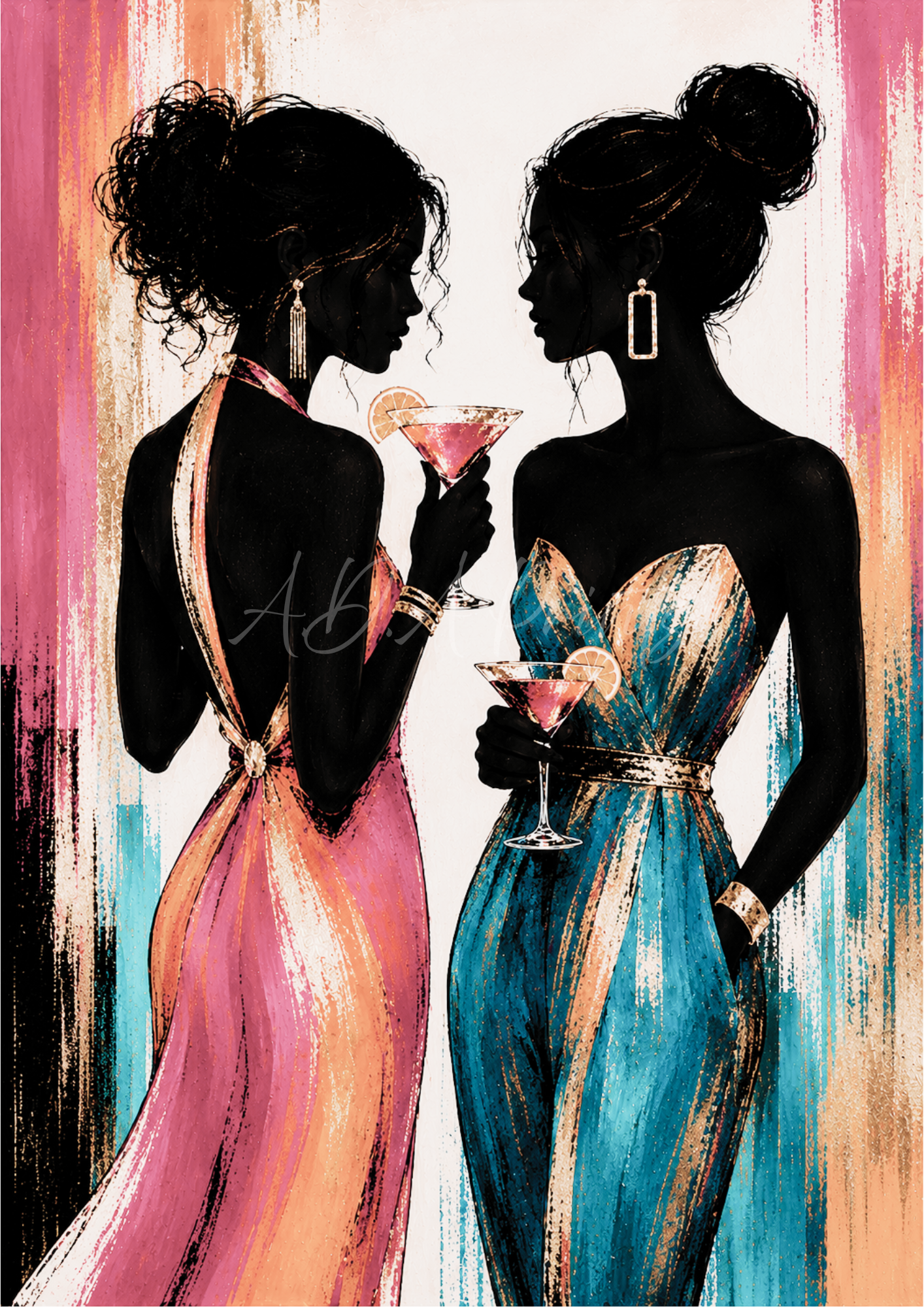 Soul Sisters jazz art print - Blush colourway, two glamorous women toasting cocktails