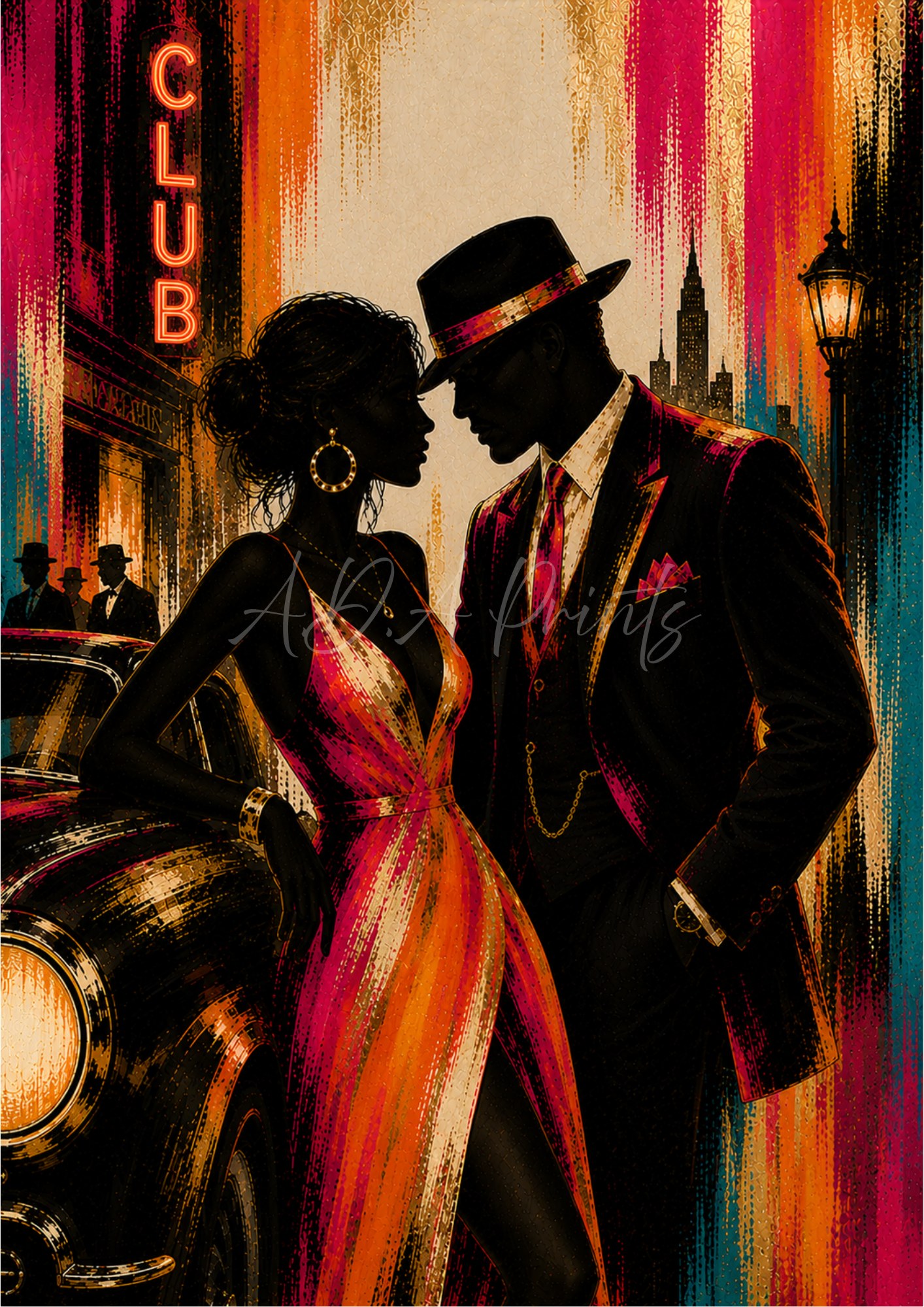 After Dark jazz art print - Original colourway, Art Deco silhouette couple outside jazz club