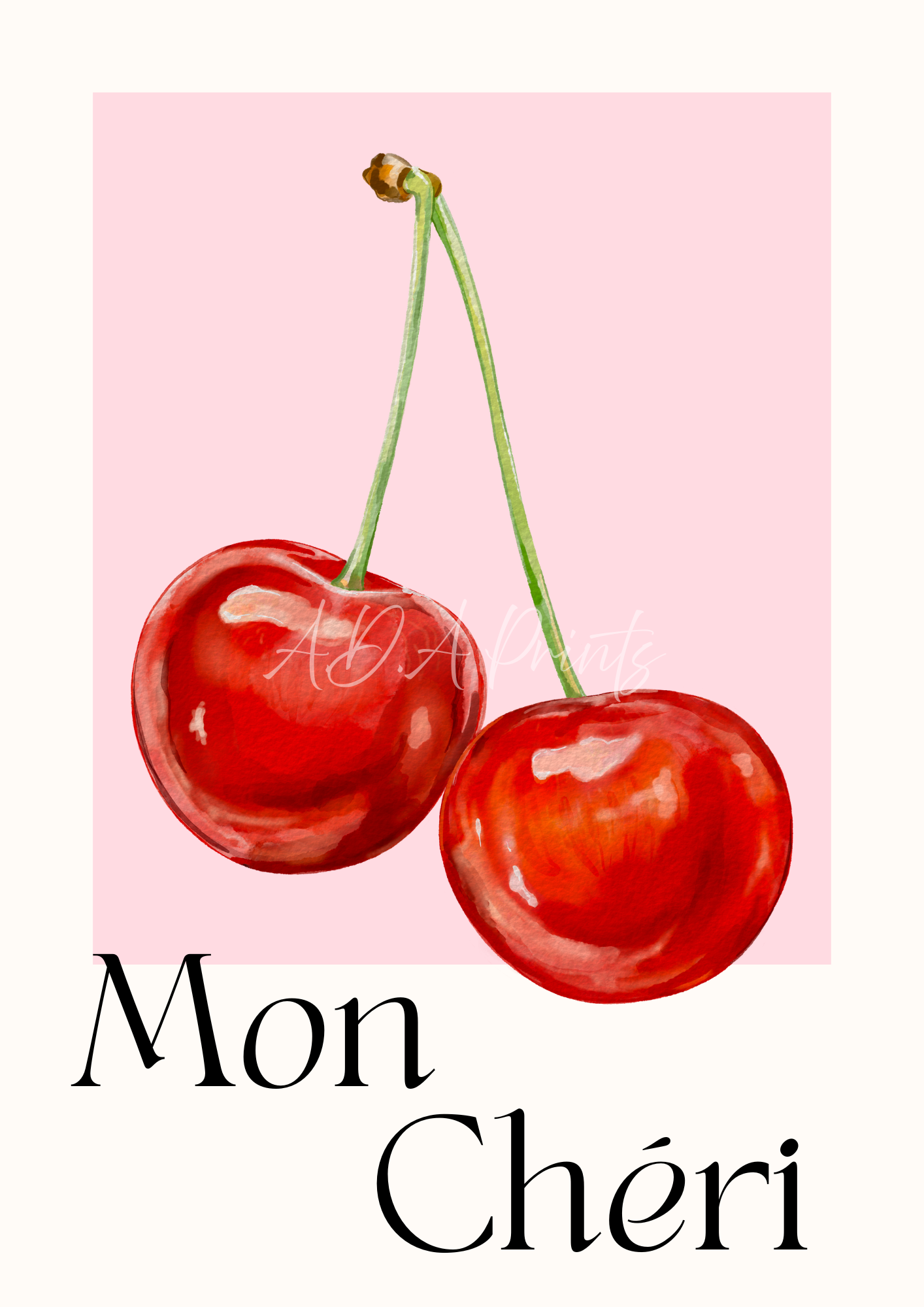 Mon Chéri art print featuring two glossy red cherries on a blush pink background with elegant black serif typography, by A.D.A Prints