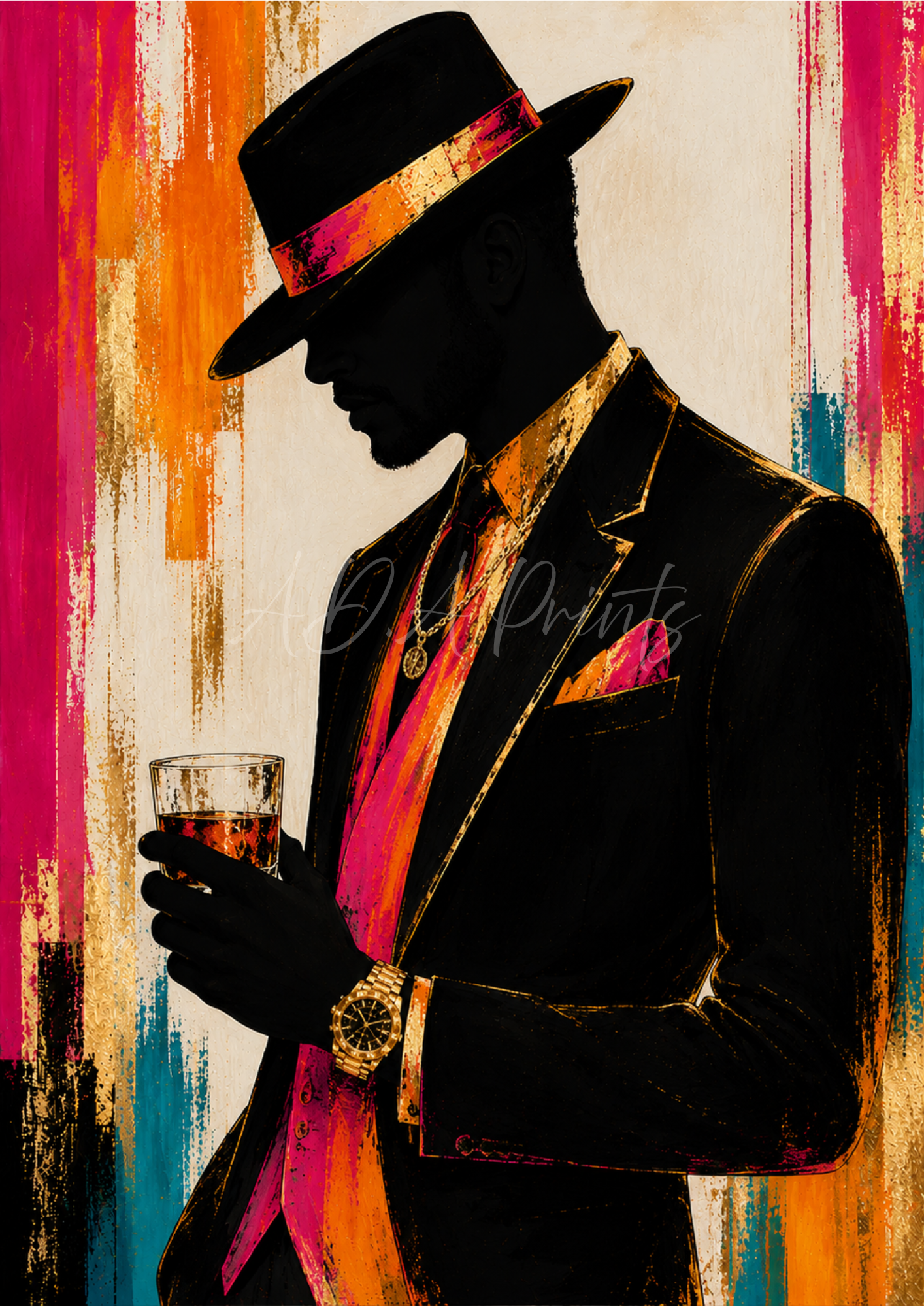 The Gentleman jazz art print - Original colourway, dapper man in hat holding whisky glass