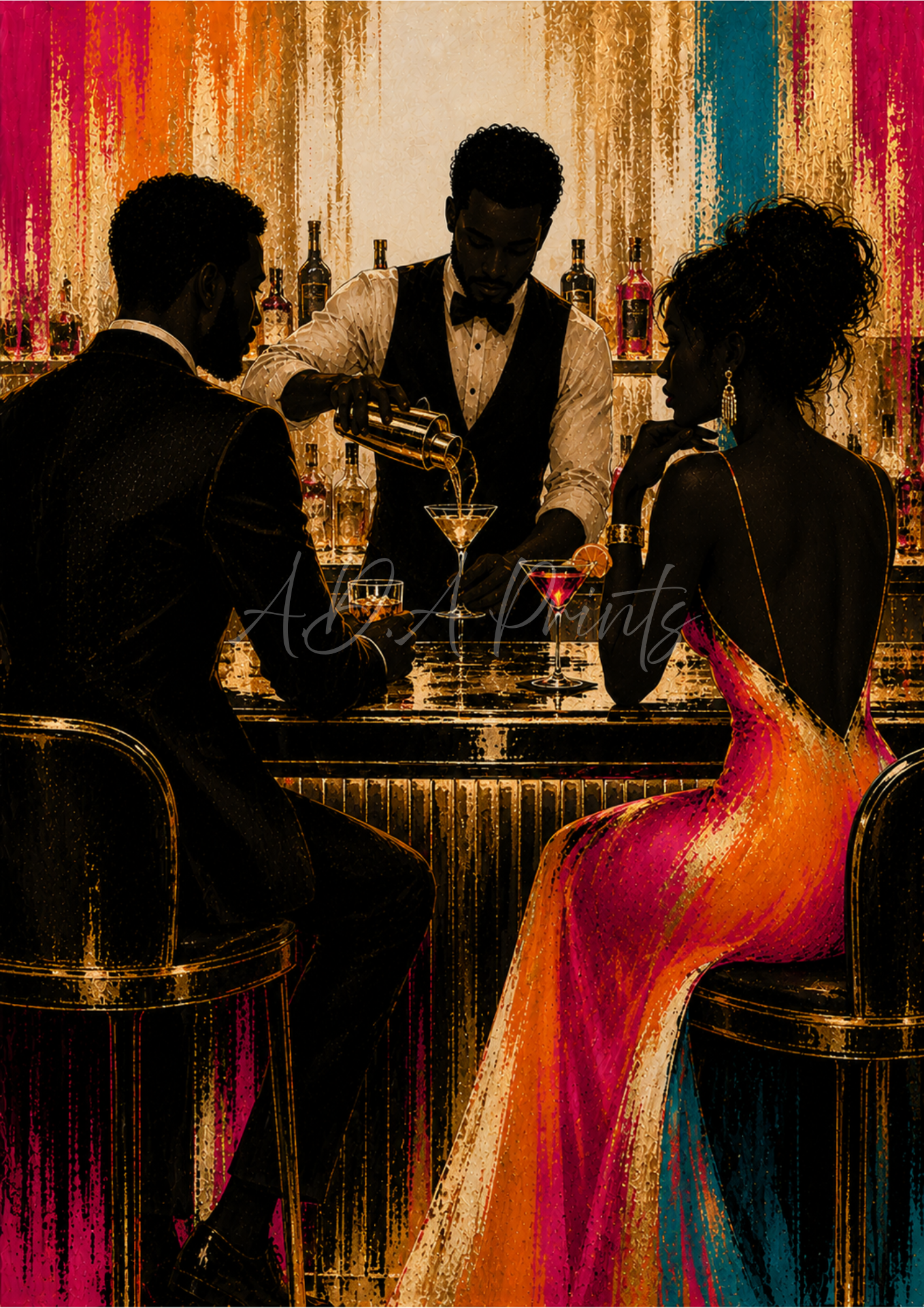 The Bartender jazz art print - Original colourway, Art Deco bartender pouring cocktails
