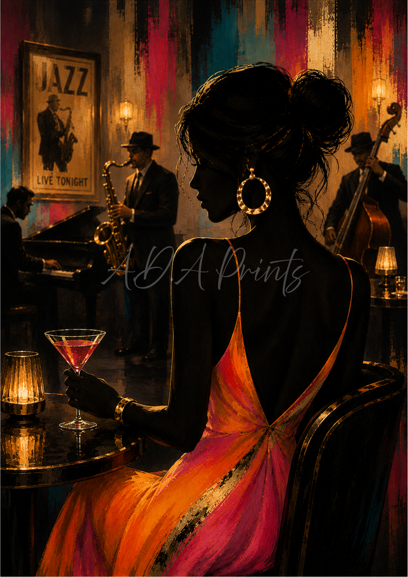 The Lady in the Club jazz art print - Original colourway, glamorous woman in backless dress watching live jazz band