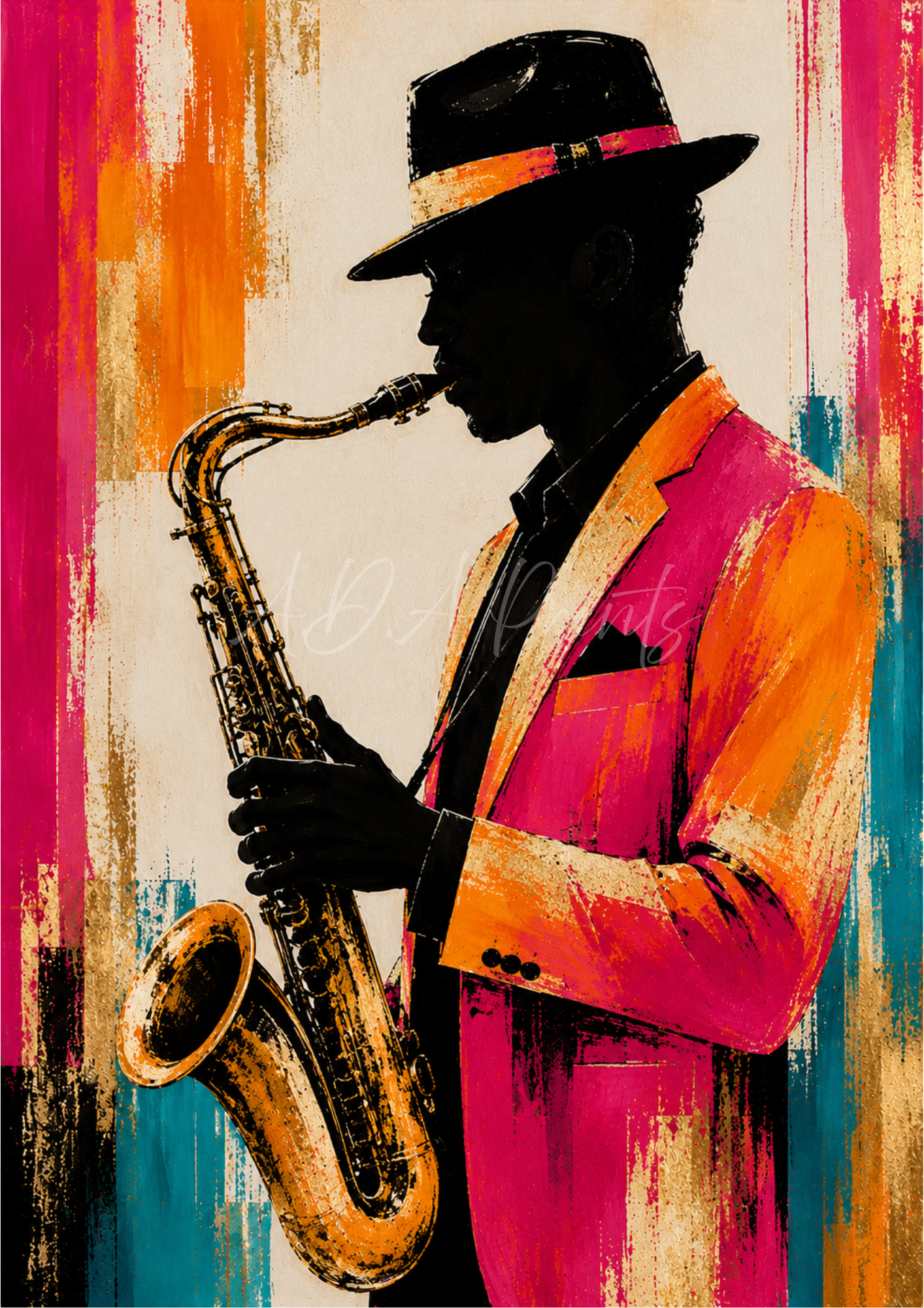 The Saxophonist jazz art print - Original colourway, silhouette saxophonist in bold pink and orange suit