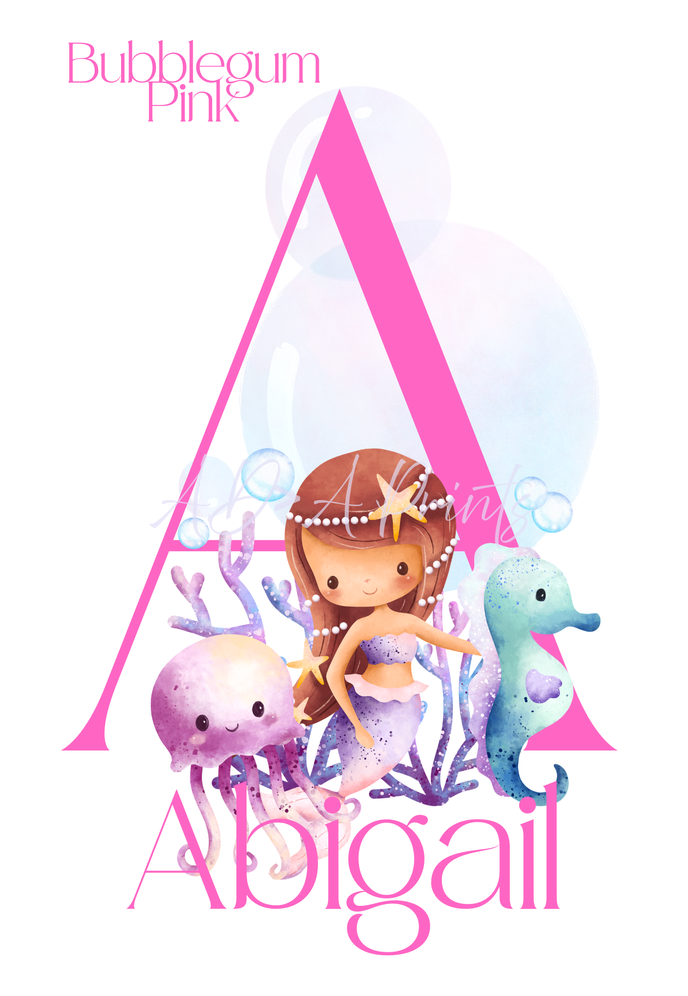 Personalised Mermaid Initial & Name Print | Bedroom Decor | Custom Mermaid Gift