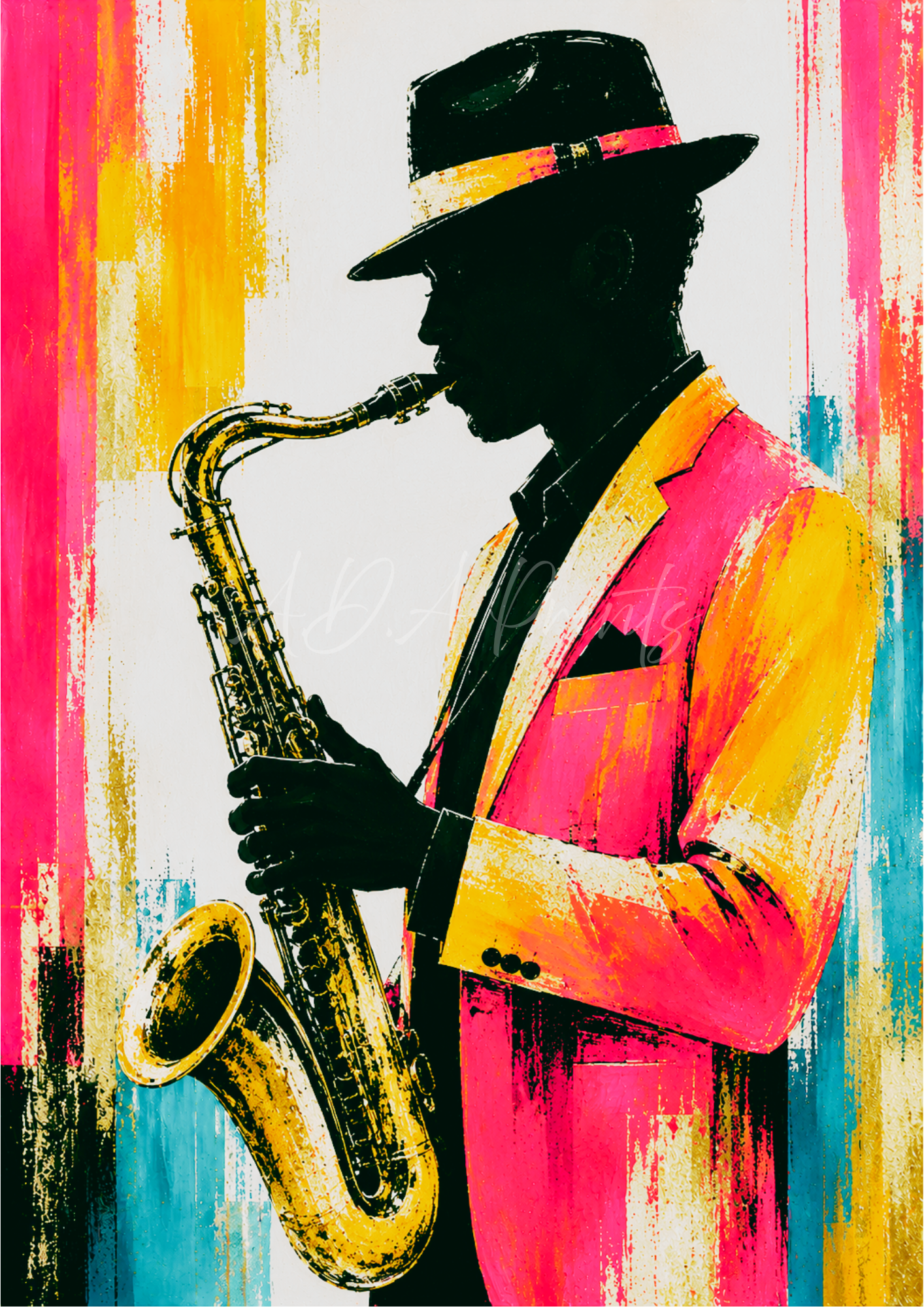The Saxophonist jazz art print - Sunset colourway, silhouette saxophonist in bold pink and orange suit