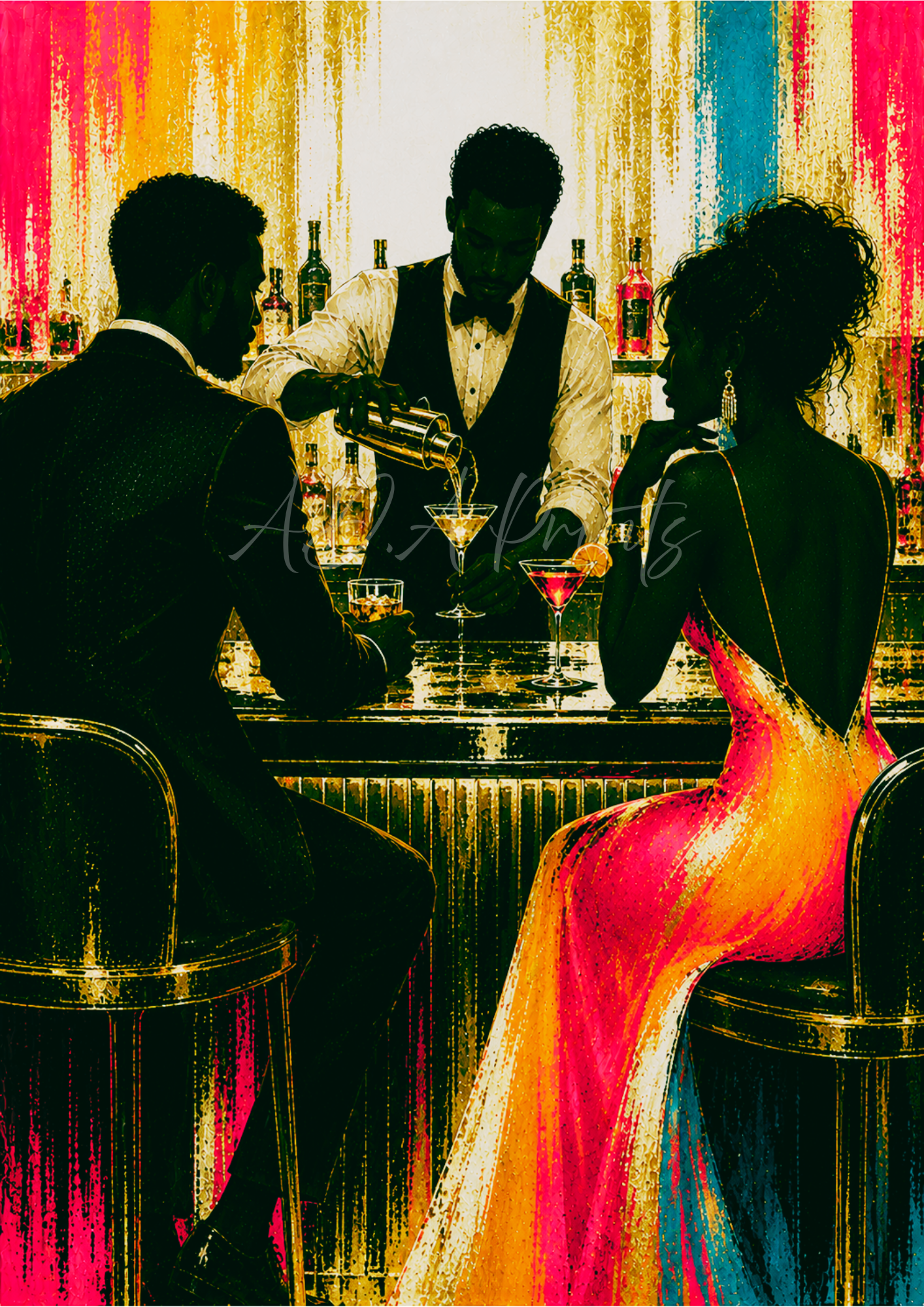 The Bartender jazz art print - Sunset colourway, Art Deco bartender pouring cocktails