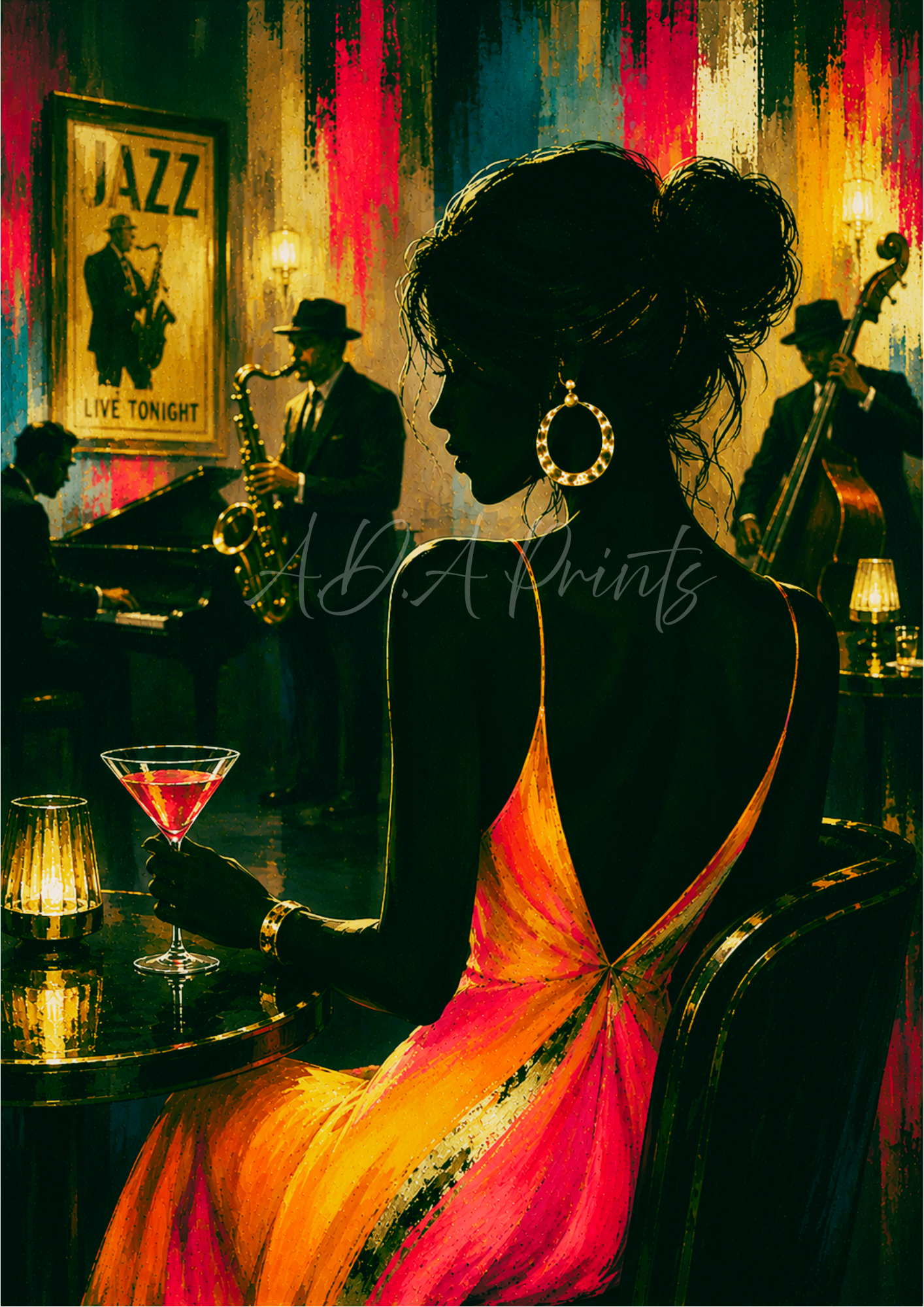 The Lady in the Club jazz art print - Midnight colourway, glamorous woman in backless dress watching live jazz band