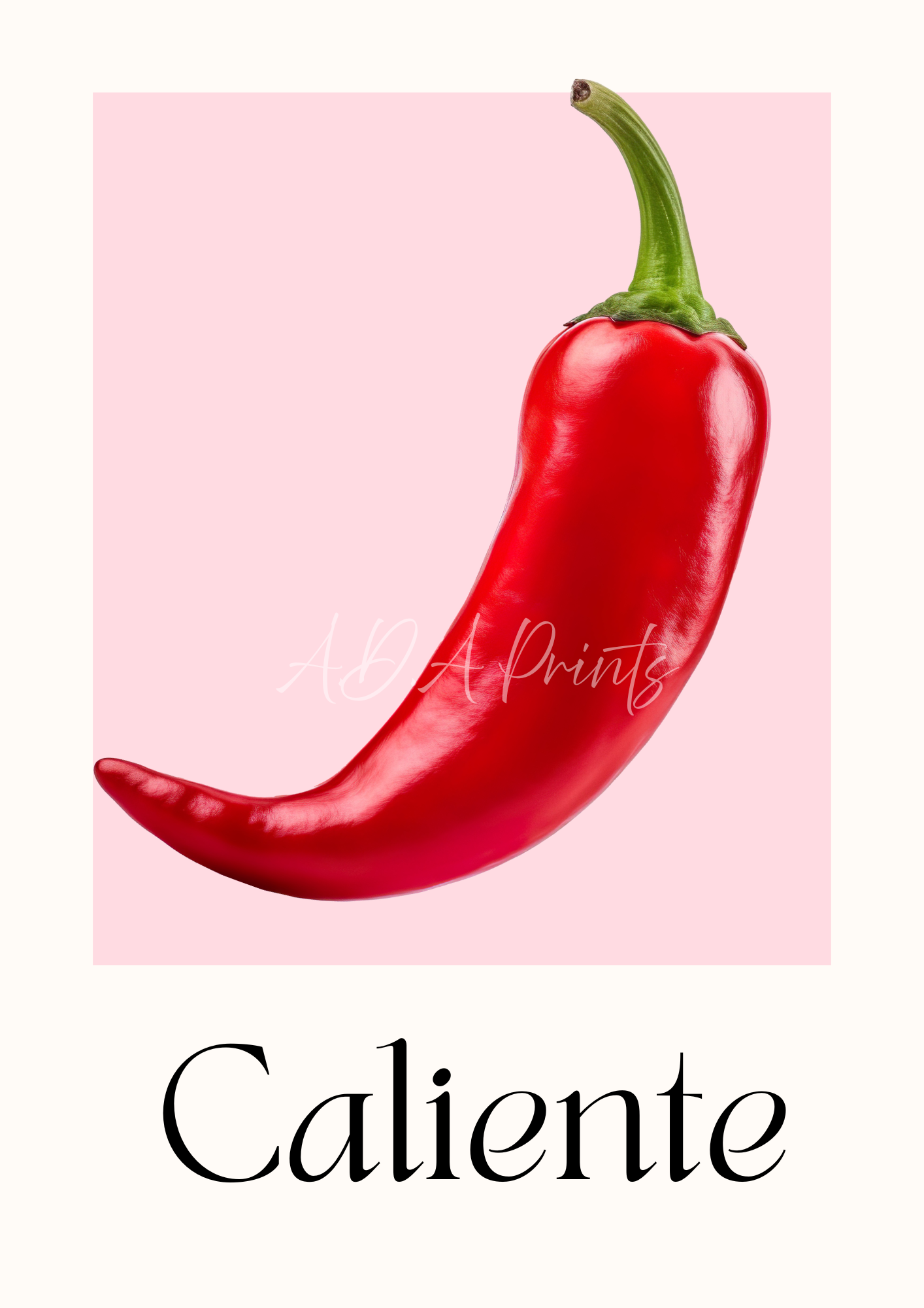 Caliente art print featuring a bold red chilli pepper on a blush pink background with elegant black serif typography, by A.D.A Prints