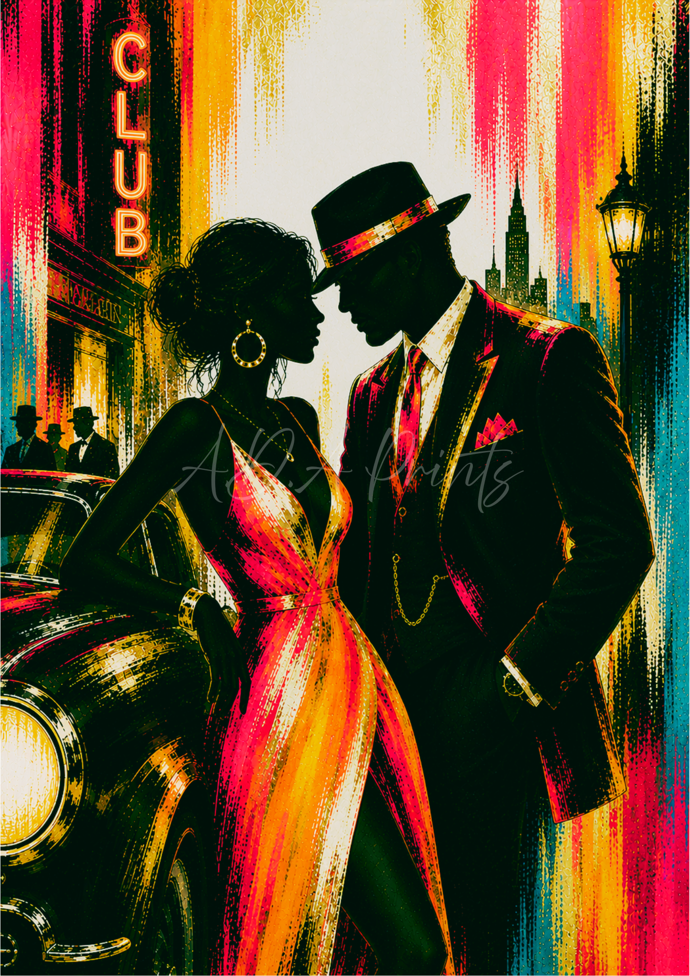 After Dark jazz art print - Sunset colourway, Art Deco silhouette couple outside jazz club