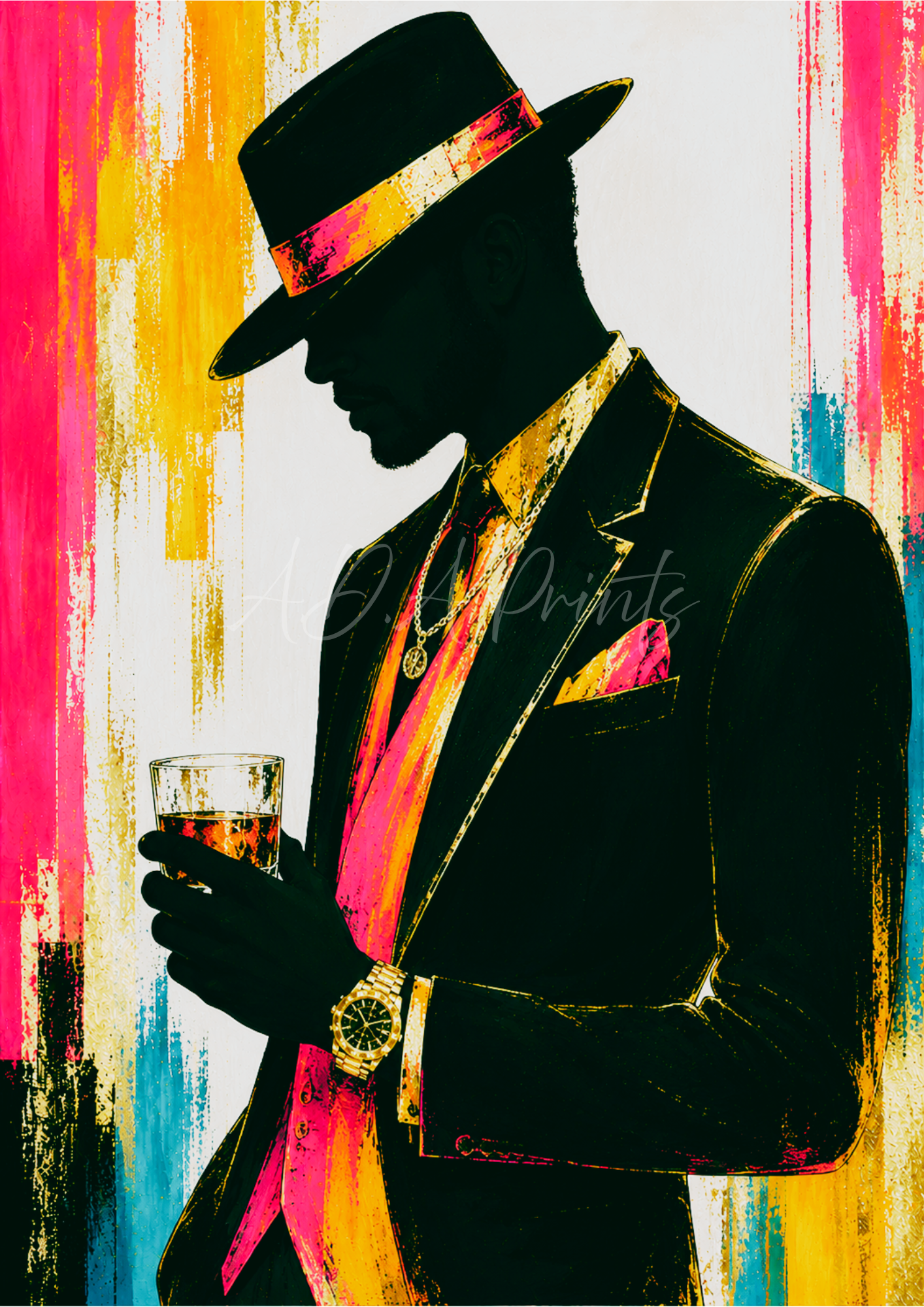 The Gentleman jazz art print - Sunset colourway, dapper man in hat holding whisky glass