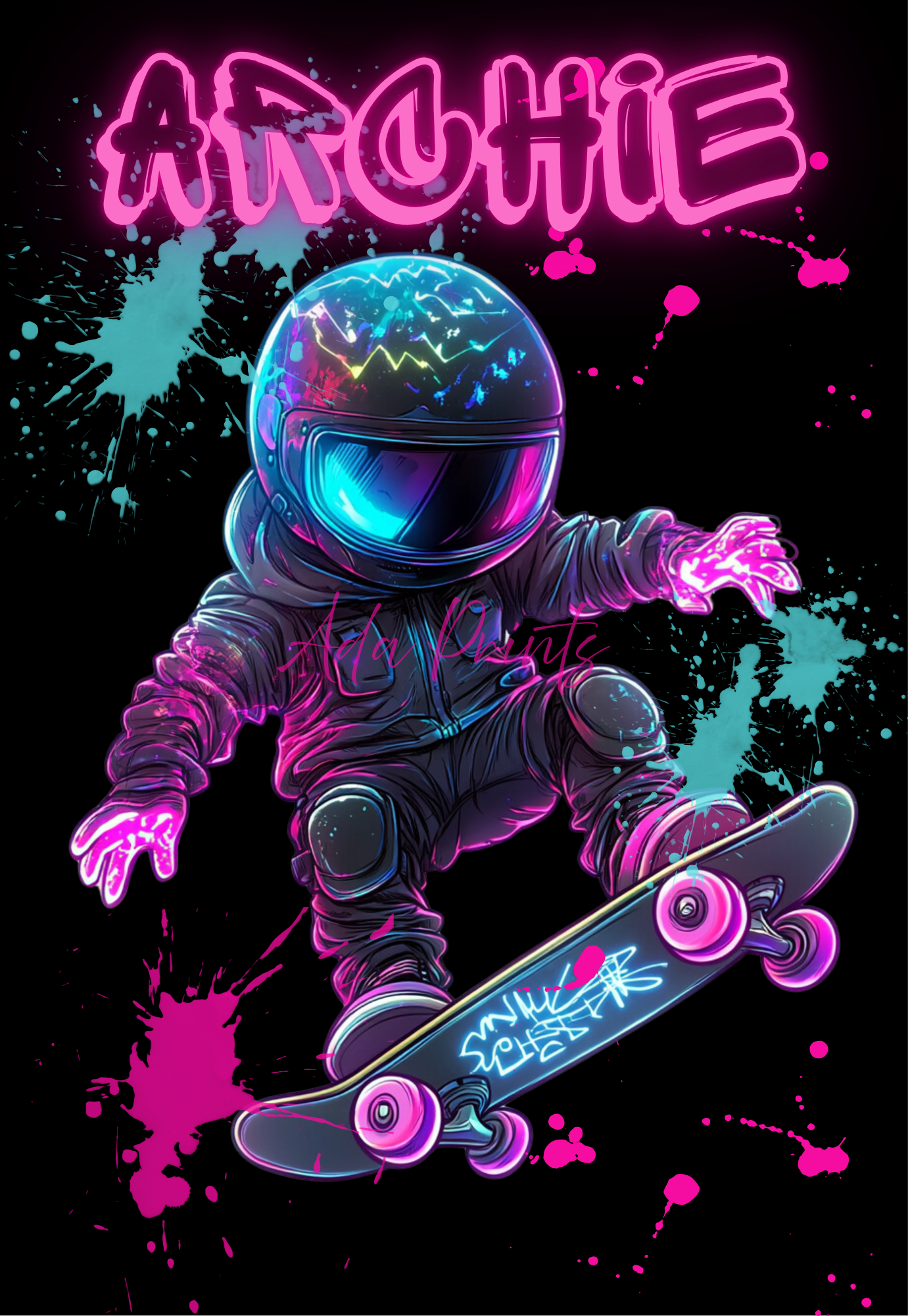 Personalised Skater Wall Art Print – Neon Kids Room Décor