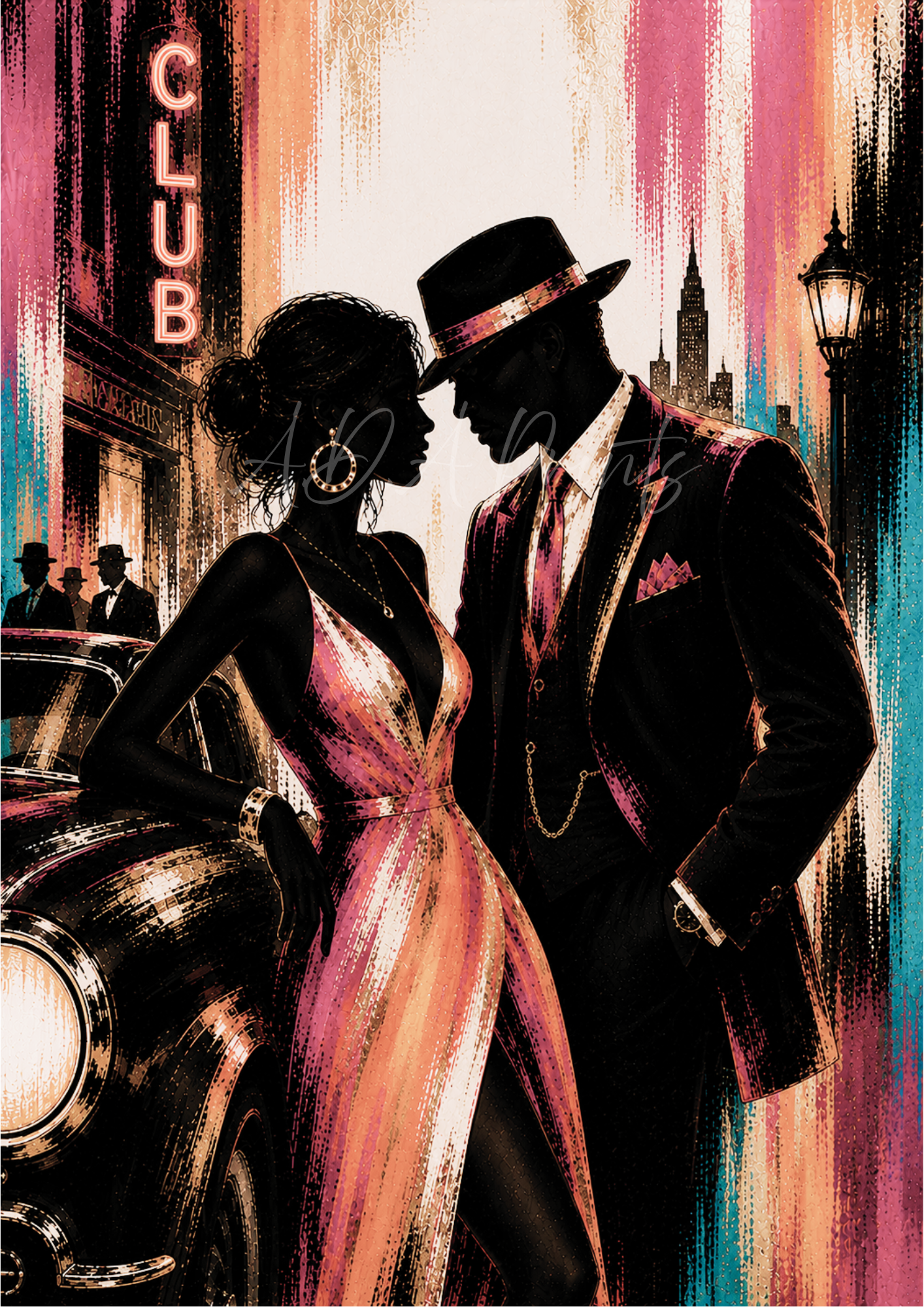 After Dark jazz art print - Blush colourway, Art Deco silhouette couple outside jazz club