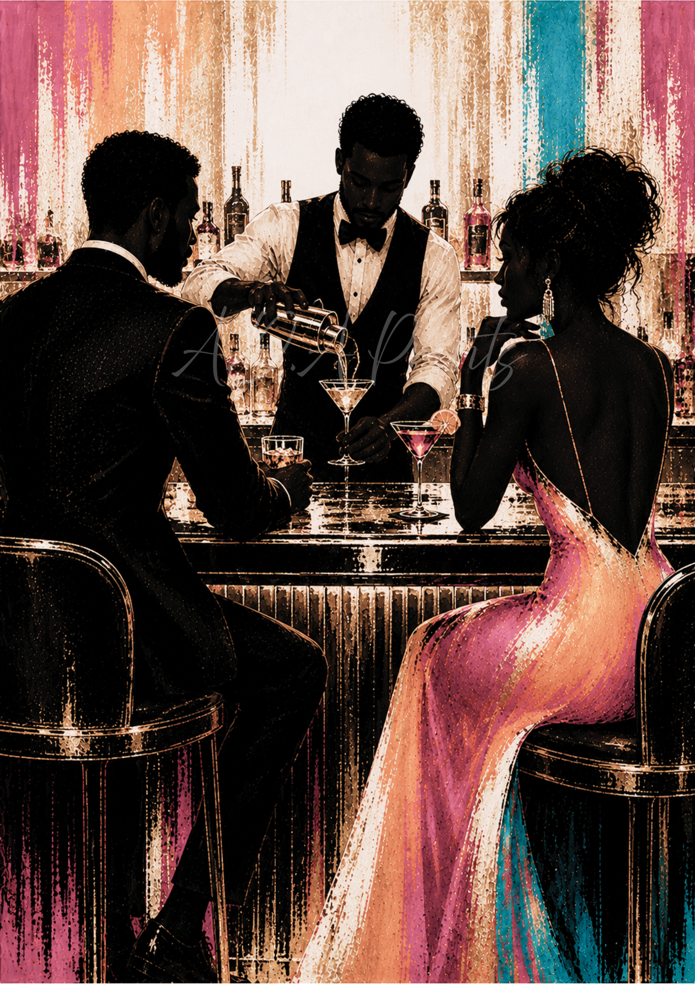 The Bartender jazz art print - Blush colourway, Art Deco bartender pouring cocktails