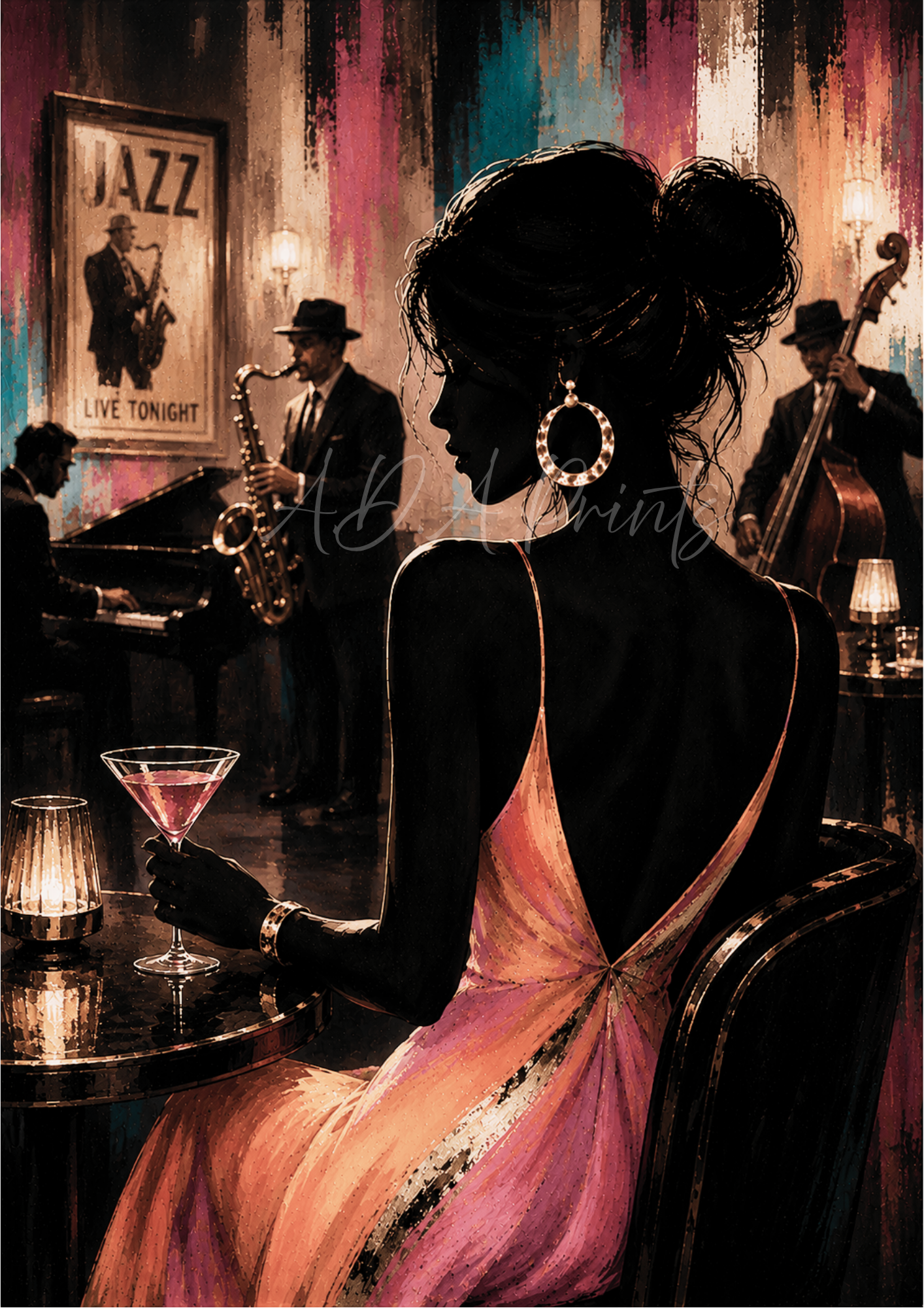 The Lady in the Club jazz art print - Blush colourway, glamorous woman in backless dress watching live jazz band