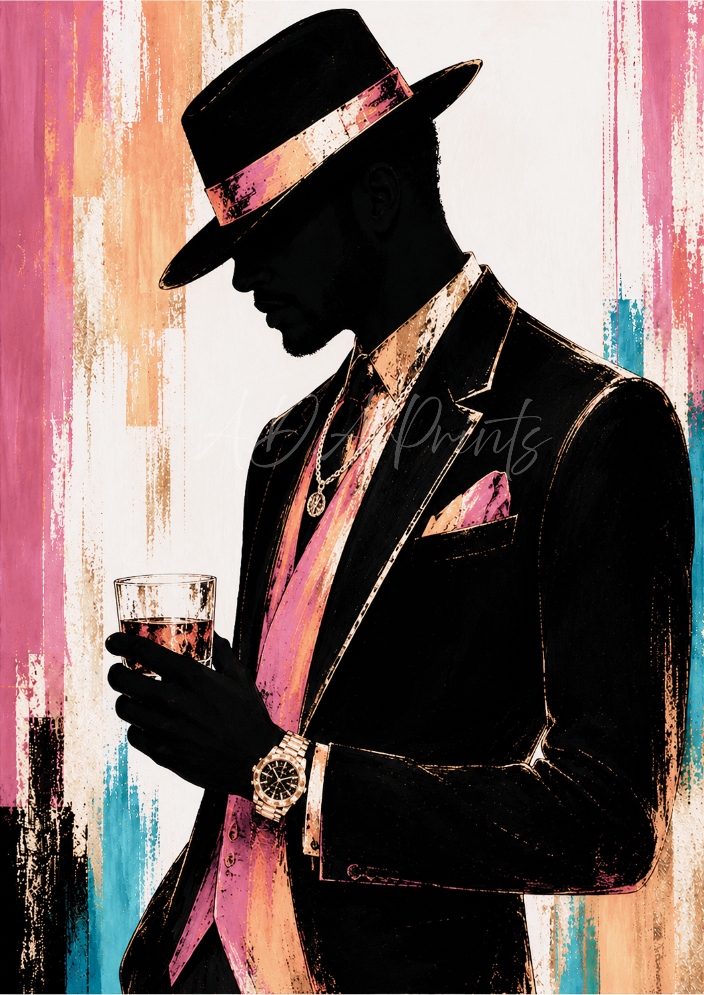 The Gentleman jazz art print - Blush colourway, dapper man in hat holding whisky glass
