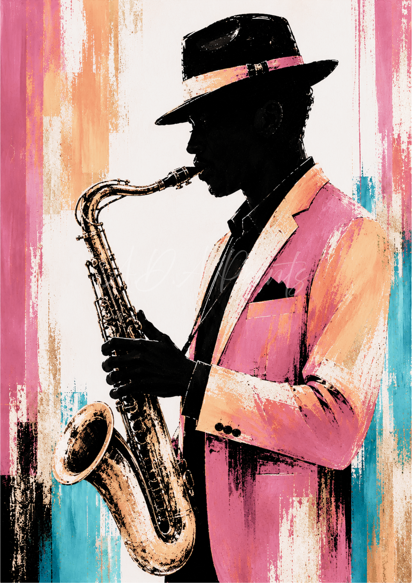 The Saxophonist jazz art print - Blush colourway, silhouette saxophonist in soft pink suit