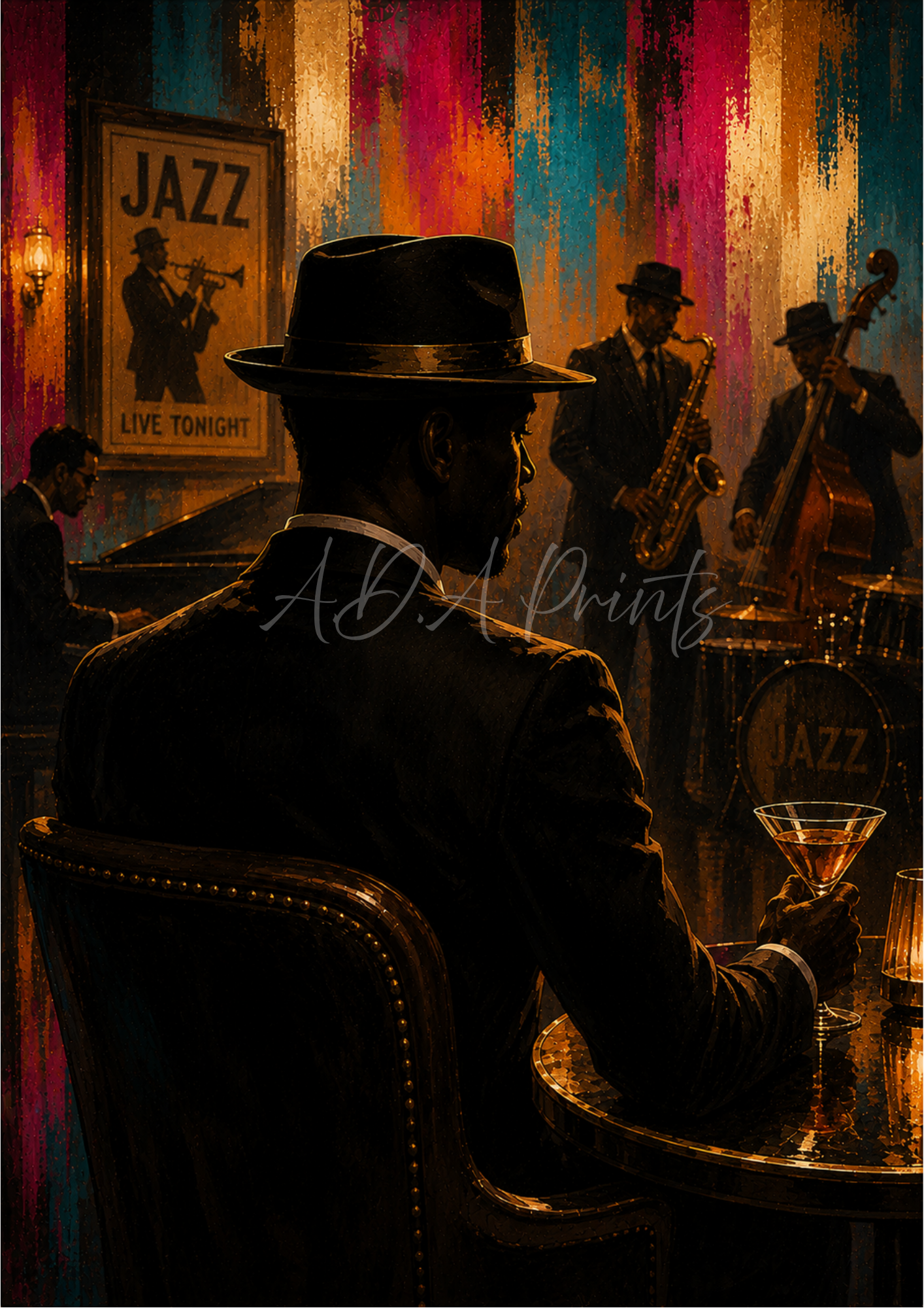 The Man in the Club jazz art print - Original colourway, man in hat watching live jazz band
