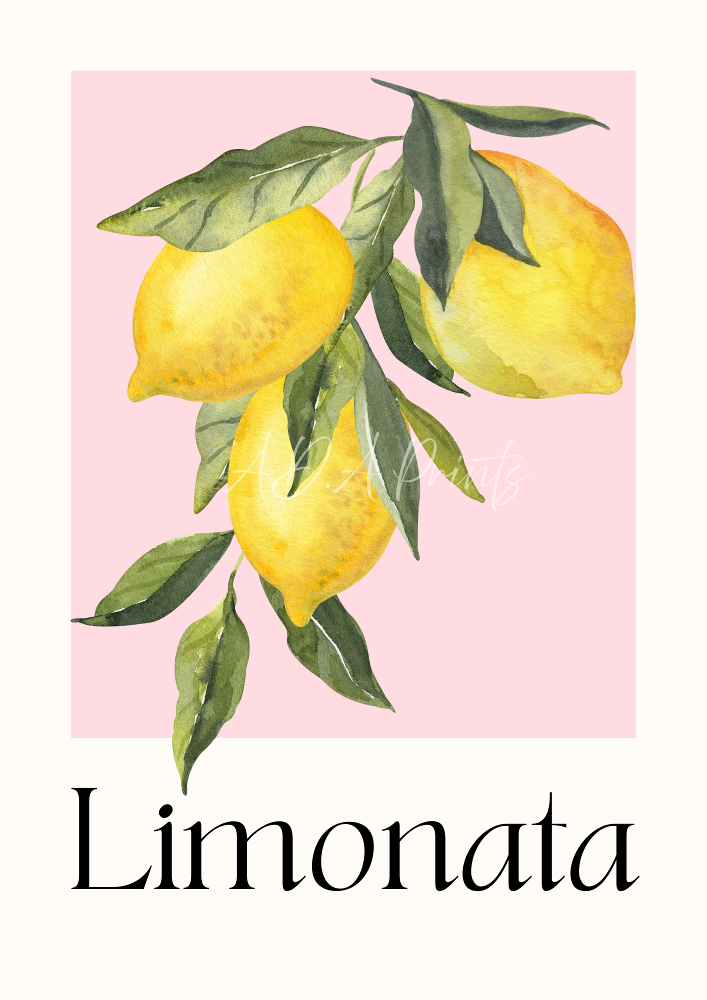 Limonata art print featuring a watercolour branch of yellow lemons with green leaves on a blush pink background with bold black serif typography, by A.D.A Prints