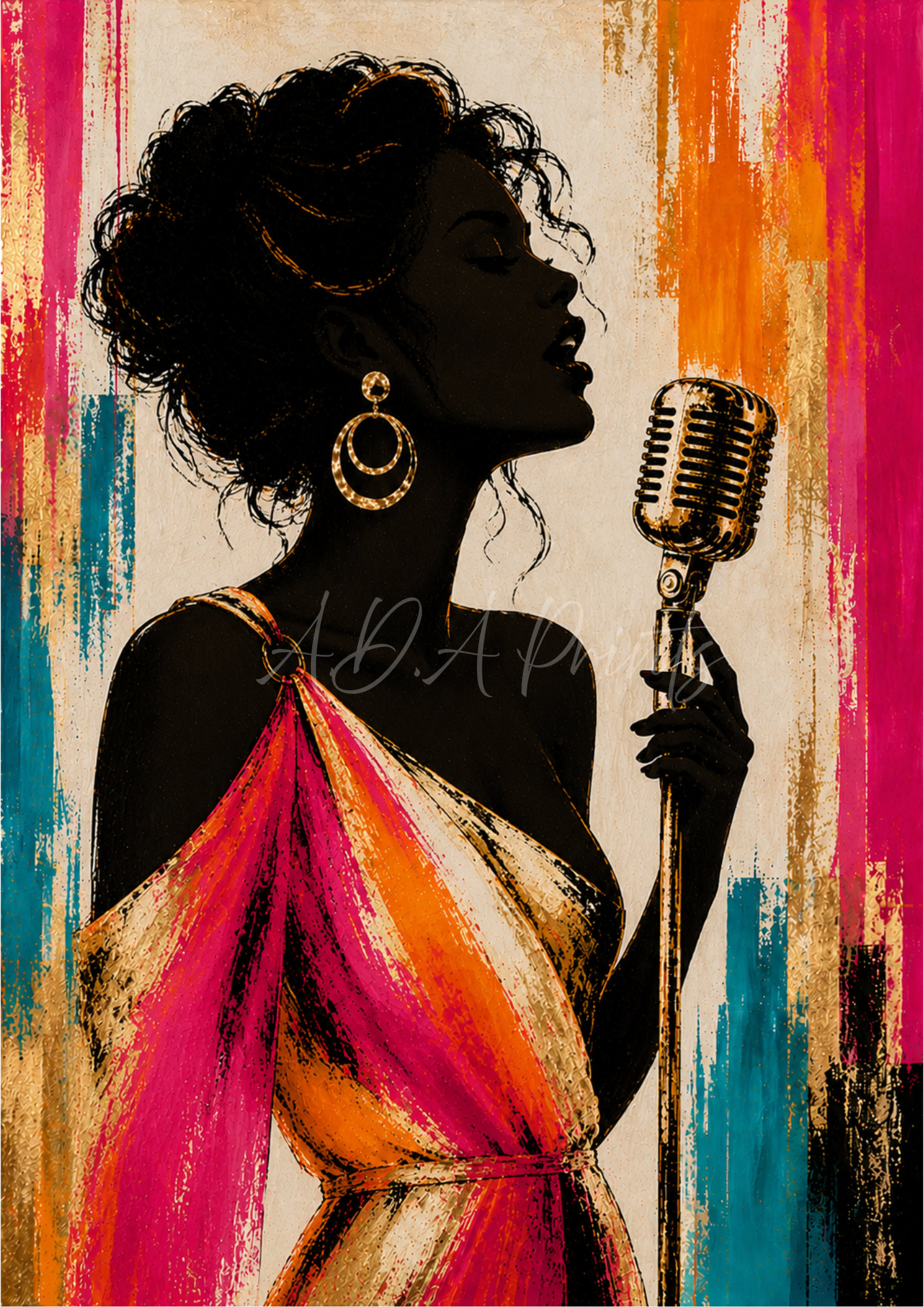 The Jazz Singer art print - Original colourway, glamorous woman singing at vintage microphone