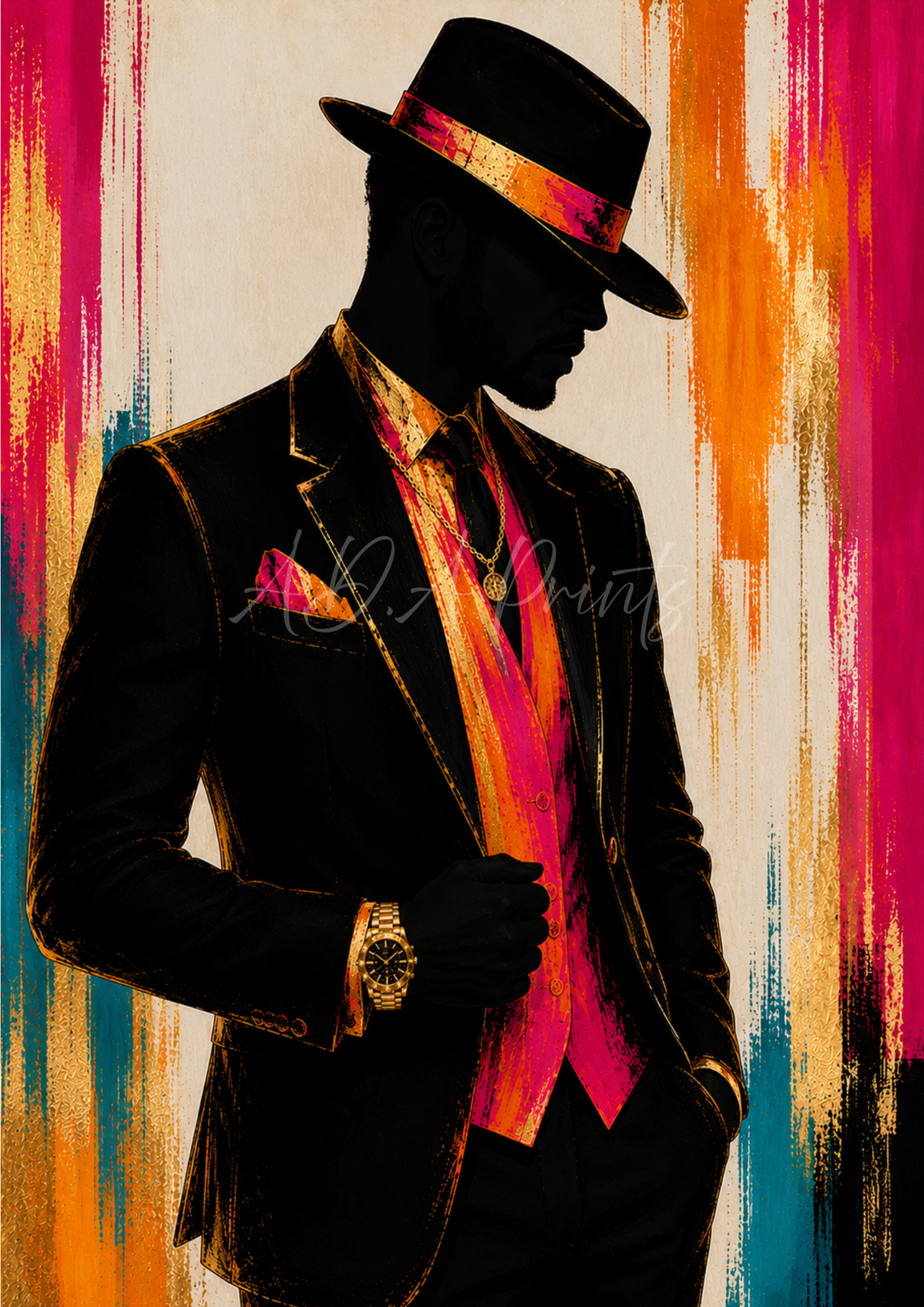 Cocktail Man jazz art print - Original colourway, dapper man in hat with gold watch and chain