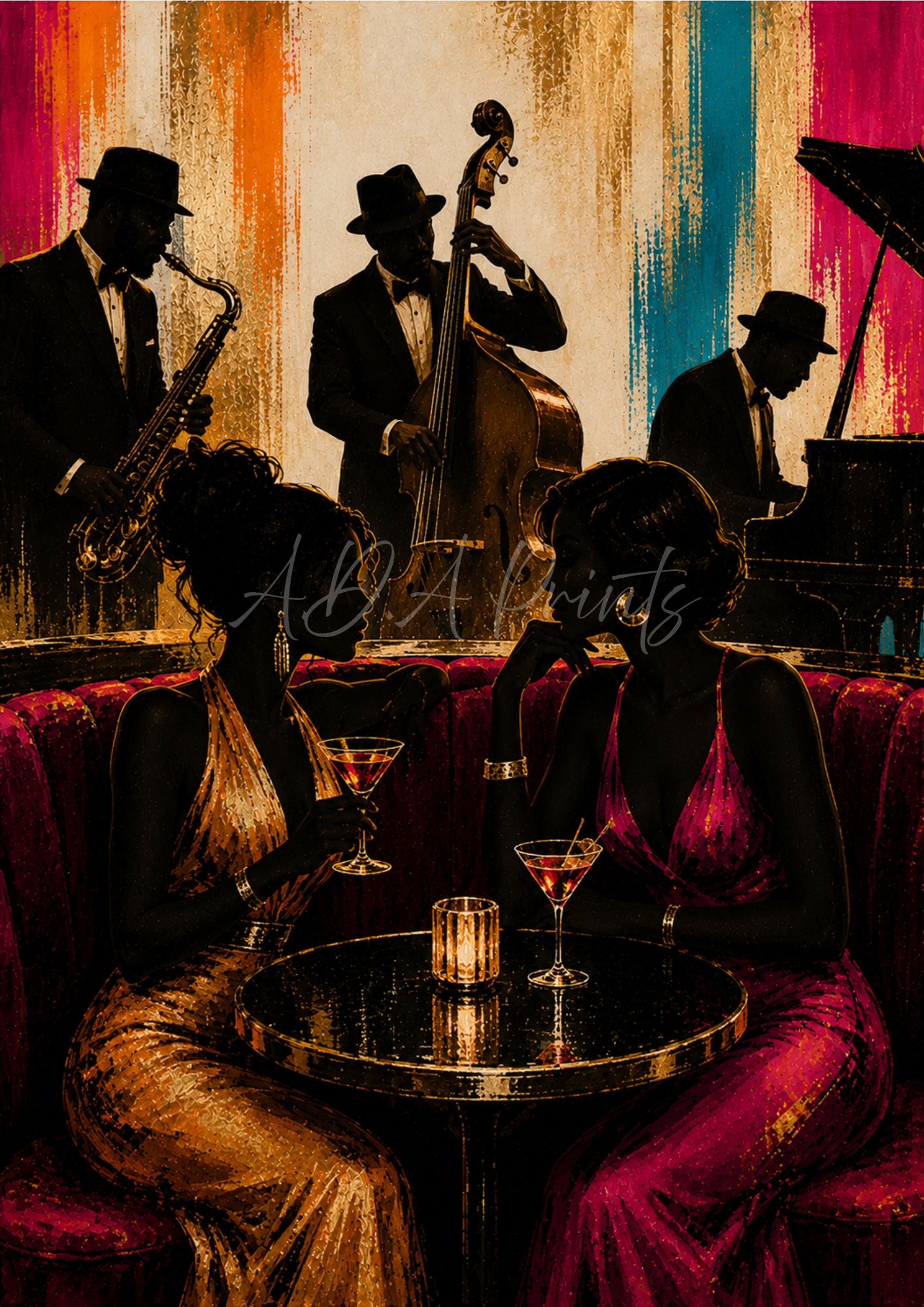 Front Row jazz art print - Original colourway, two women at jazz club with live band