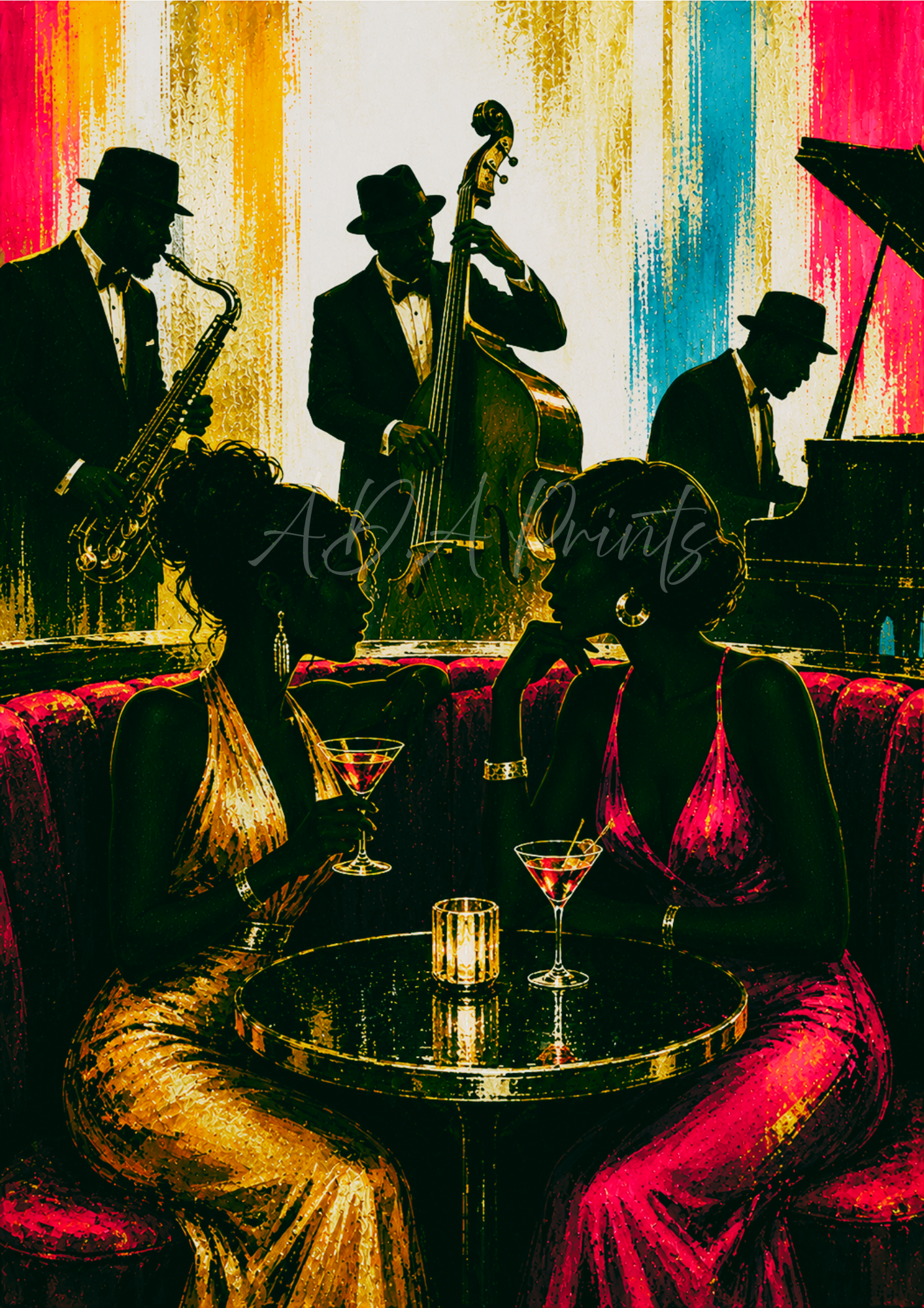 Front Row jazz art print - Sunset colourway, two women at jazz club with live band