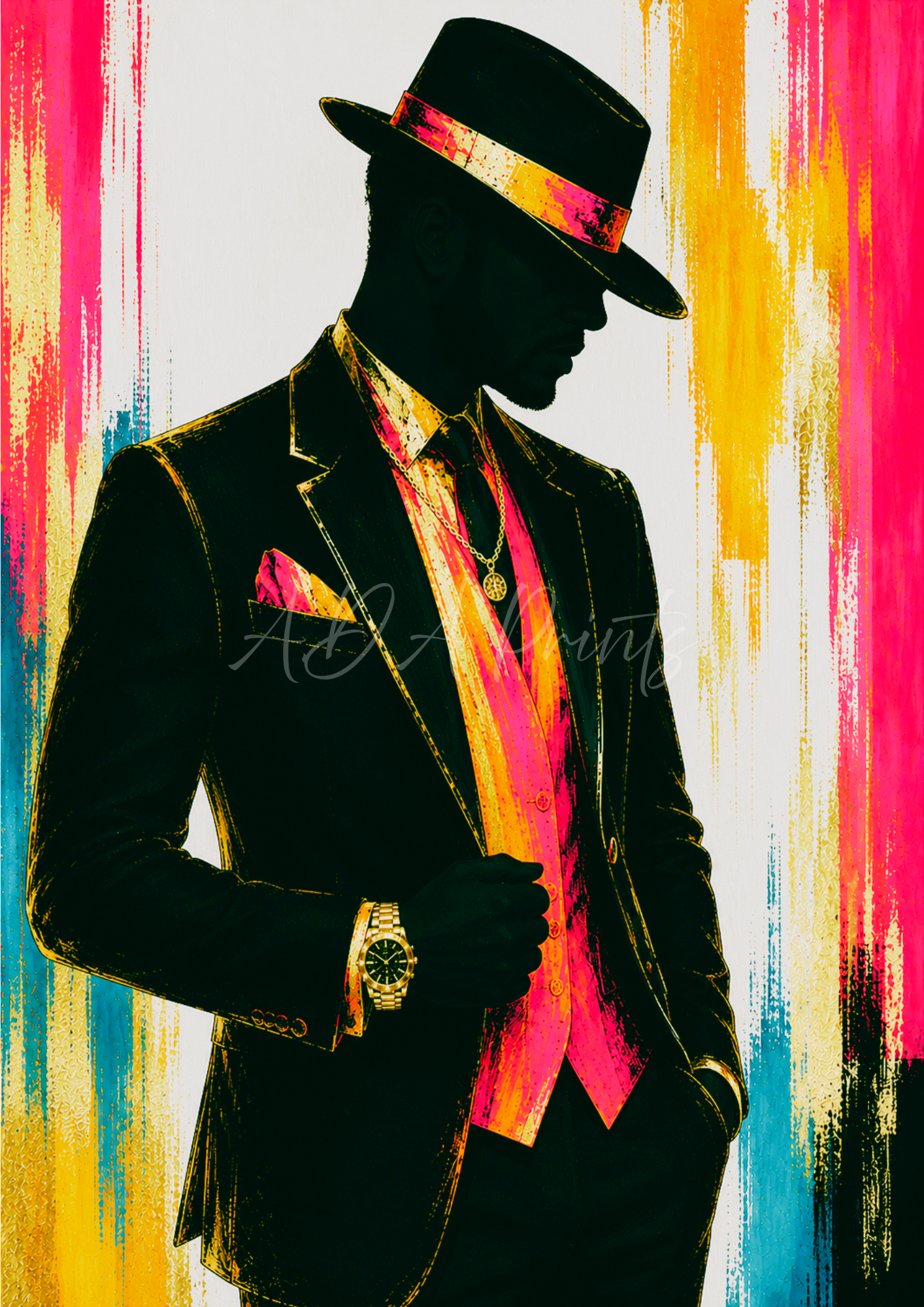 Cocktail Man jazz art print - Sunshine colourway, dapper man in hat with gold watch and chain
