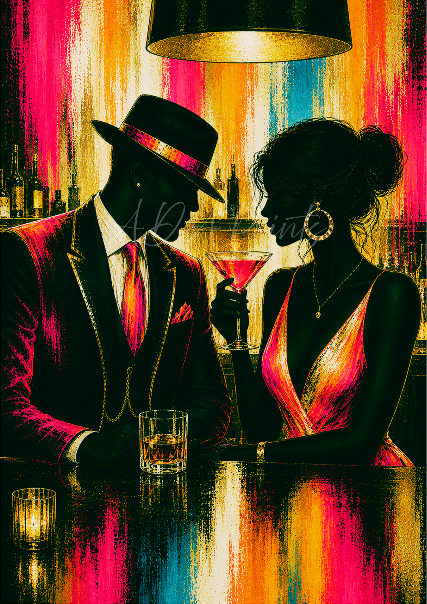 One More Drink jazz art print - Sunset colourway, Art Deco couple at jazz bar with cocktails