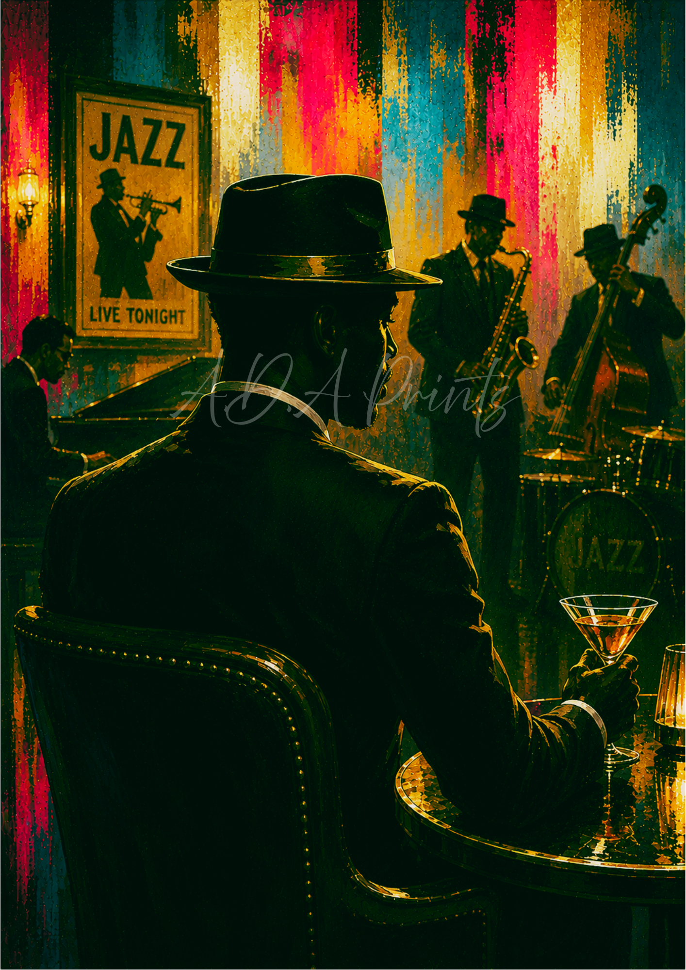The Man in the Club jazz art print - Midnight colourway, man in hat watching live jazz band