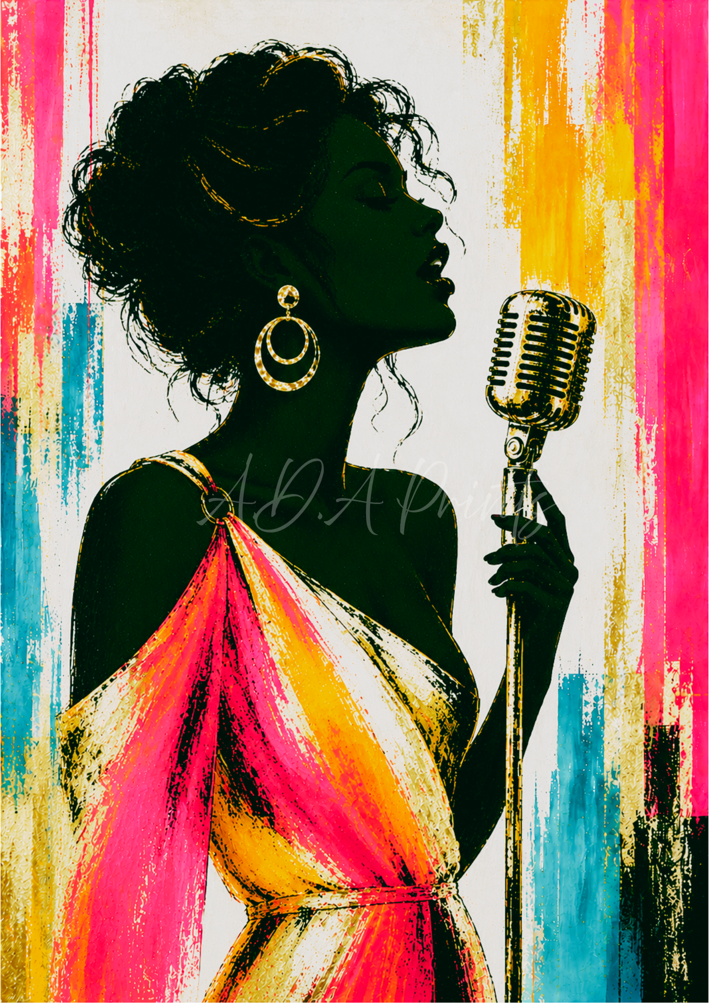 The Jazz Singer art print - Sunset colourway, glamorous woman singing at vintage microphone