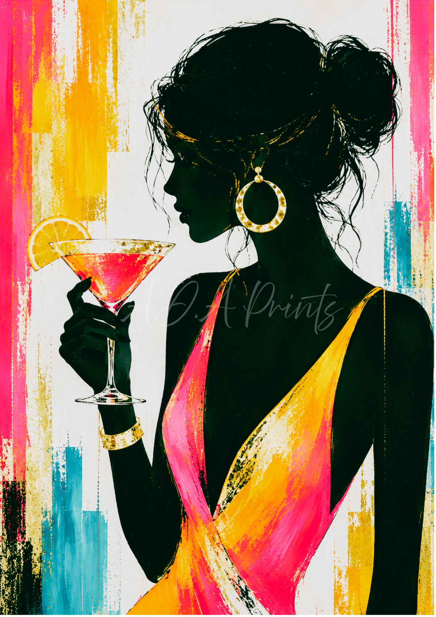 Cocktail Lady Silhouette Wall Art Print – bold fashion art featuring elegant female silhouette with martini glass and vibrant brushstroke colours