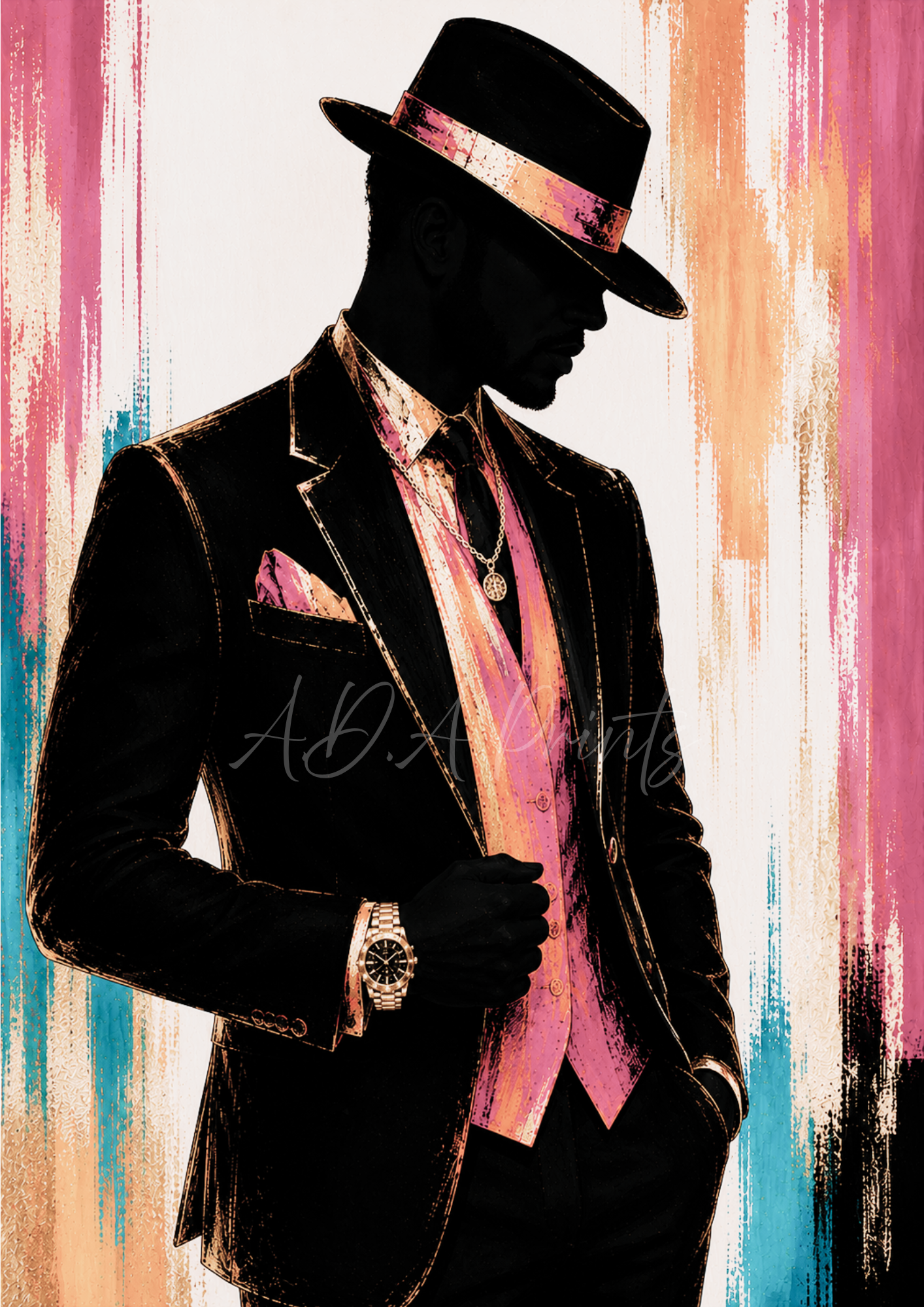Cocktail Man jazz art print - Blush colourway, dapper man in hat with gold watch and chain
