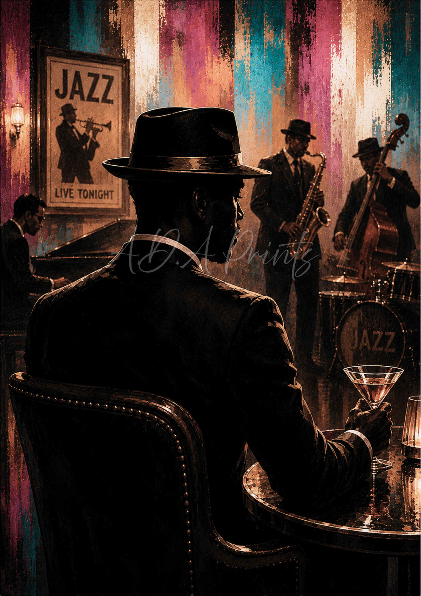 The Man in the Club jazz art print - Dusk colourway, man in hat watching live jazz band
