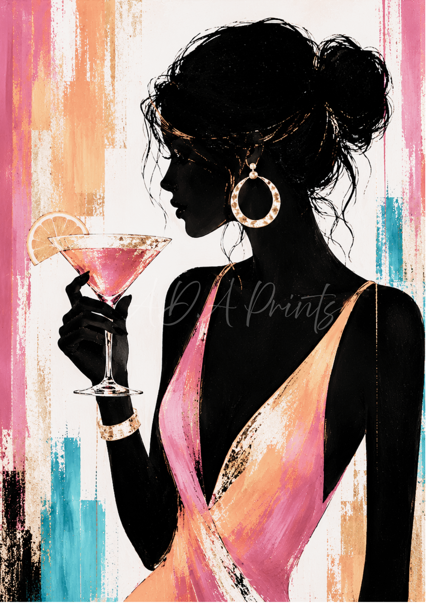 Cocktail Lady Silhouette Wall Art Print | Bold Fashion Art | A3 / A4 | Digital Download