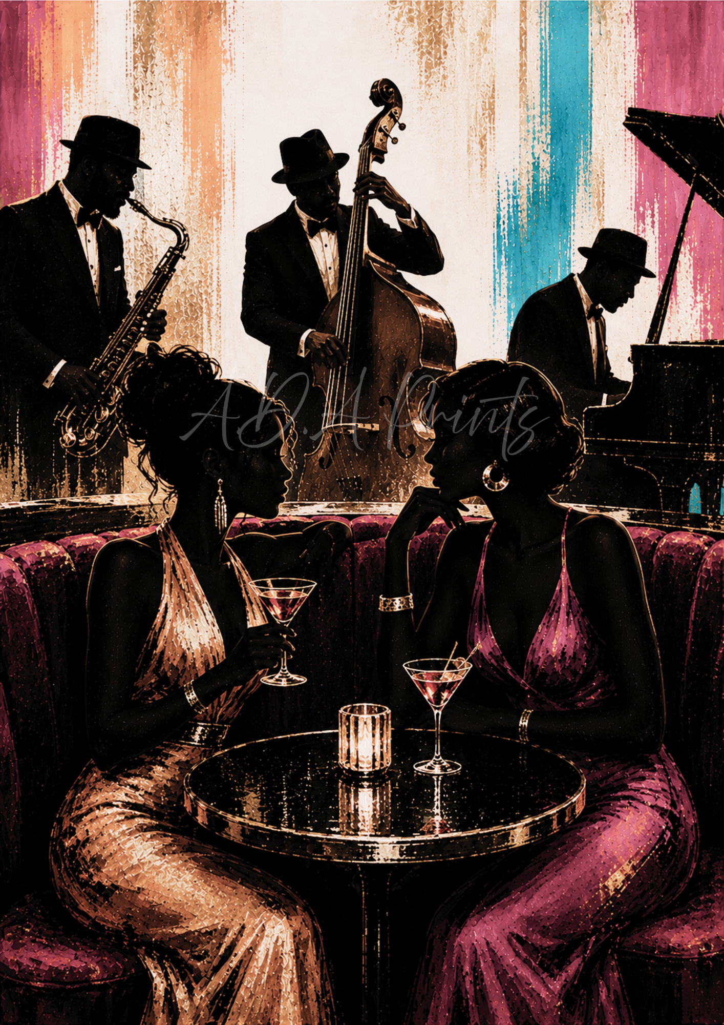 Front Row jazz art print - Blush colourway, two women at jazz club with live band