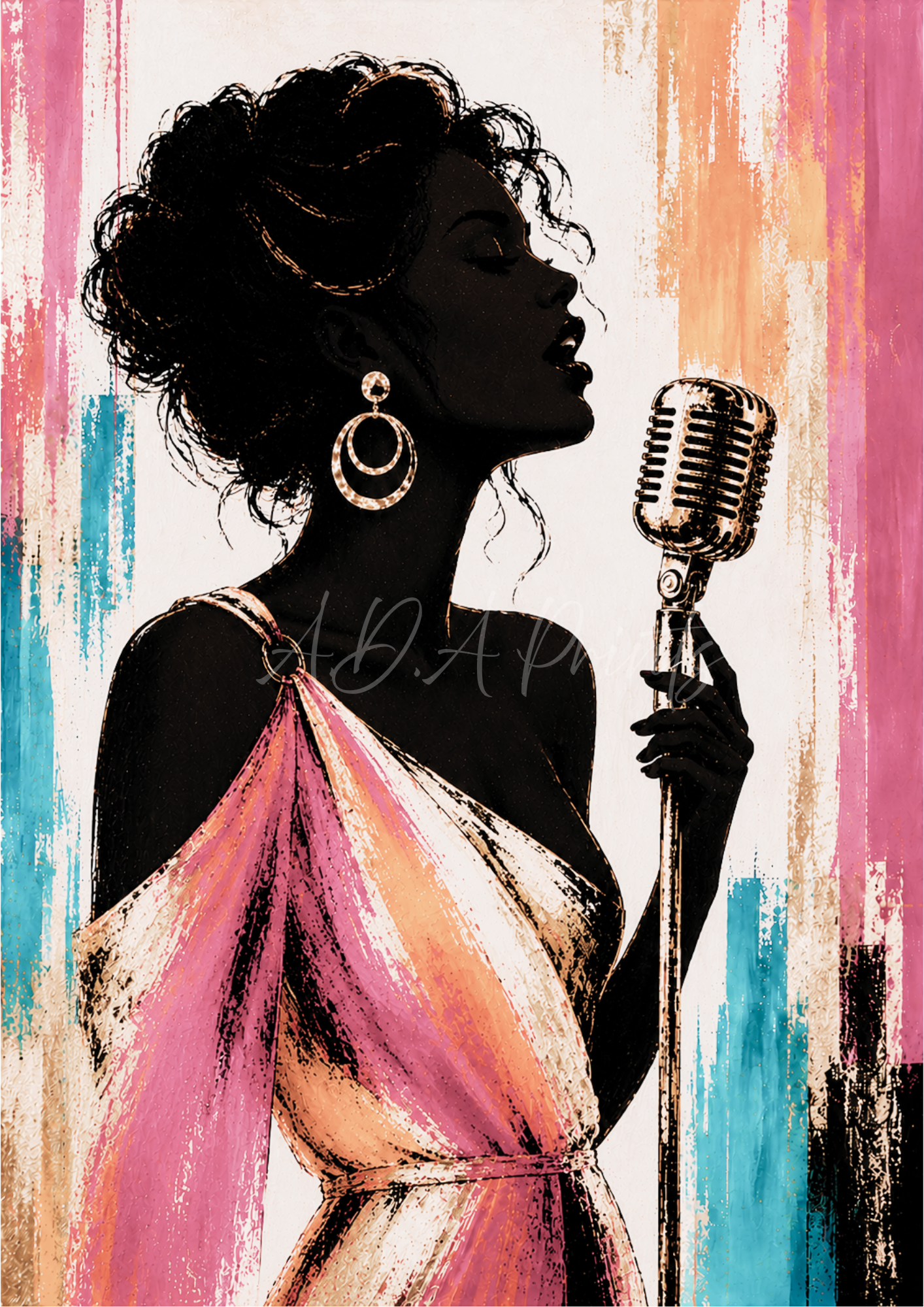 The Jazz Singer art print - Blush colourway, glamorous woman singing at vintage microphone