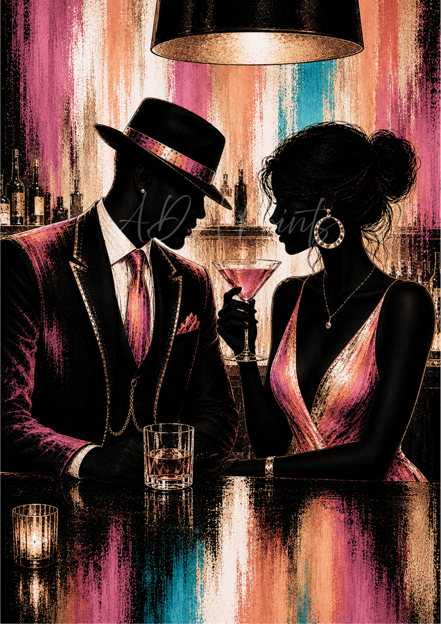 One More Drink jazz art print - Blush colourway, Art Deco couple at jazz bar with cocktails