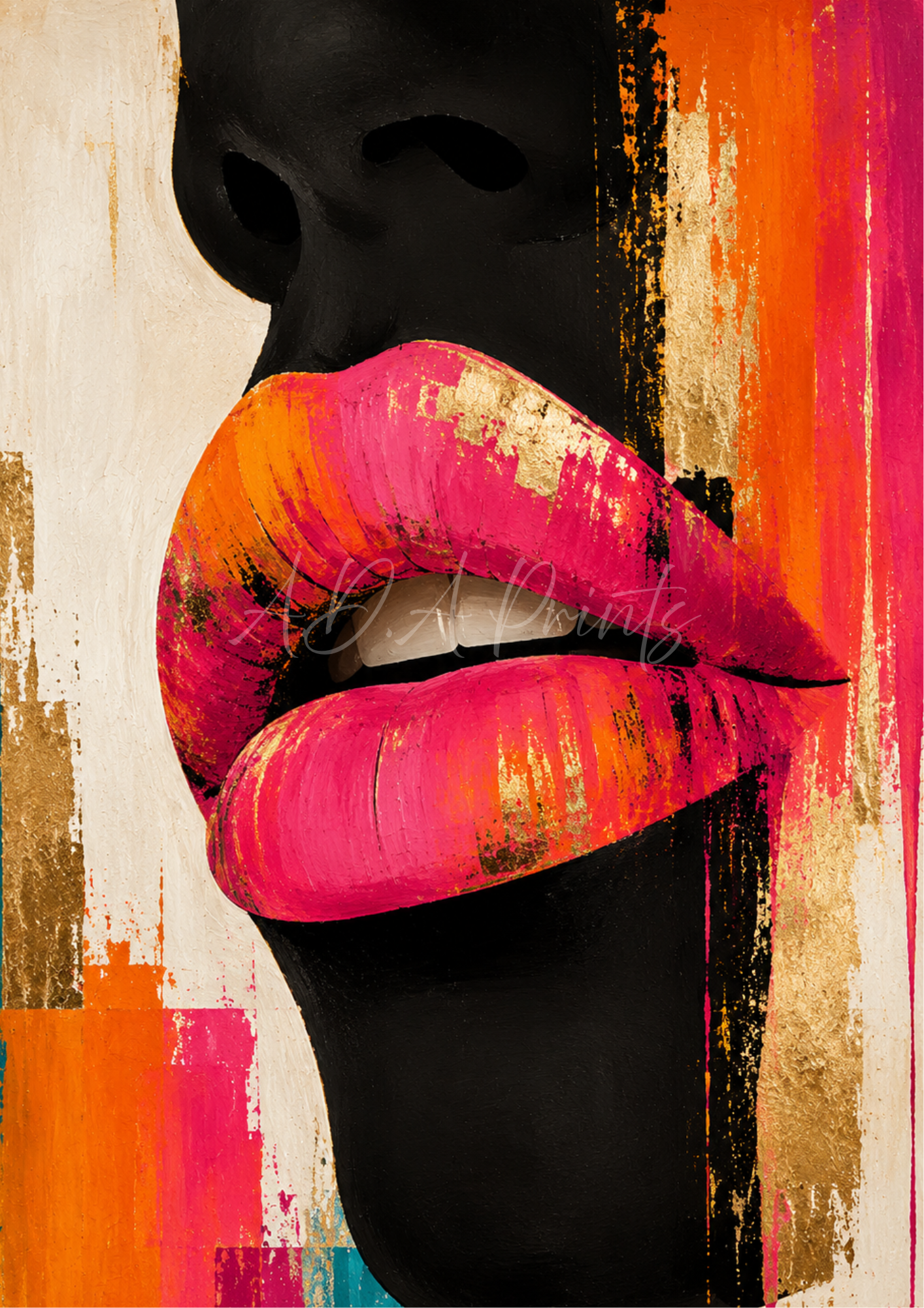 Bold Lips Wall Art Print – glamorous close-up lips in hot pink, orange and gold with black silhouette and colourful brushstroke background