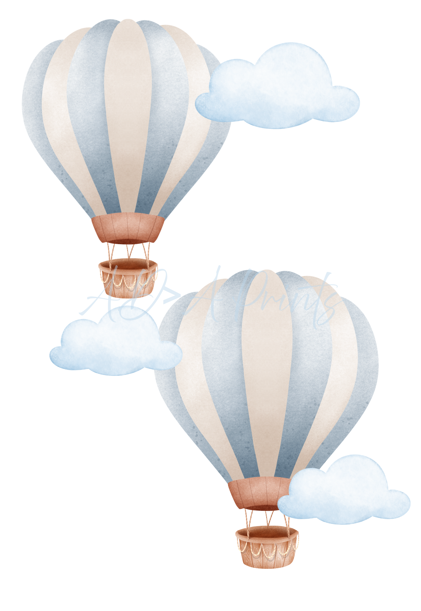 Personalised Hot Air Balloon Nursery Print Set of 3 - Blue Watercolour Wall Art