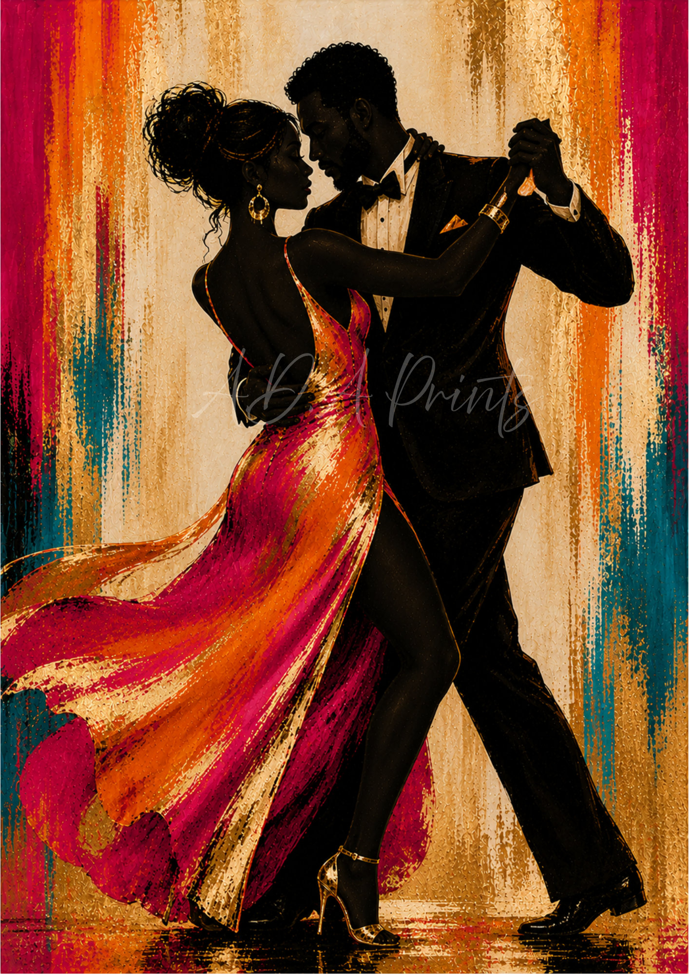 The Last Dance jazz art print - Original colourway, couple dancing in flowing red and gold gown