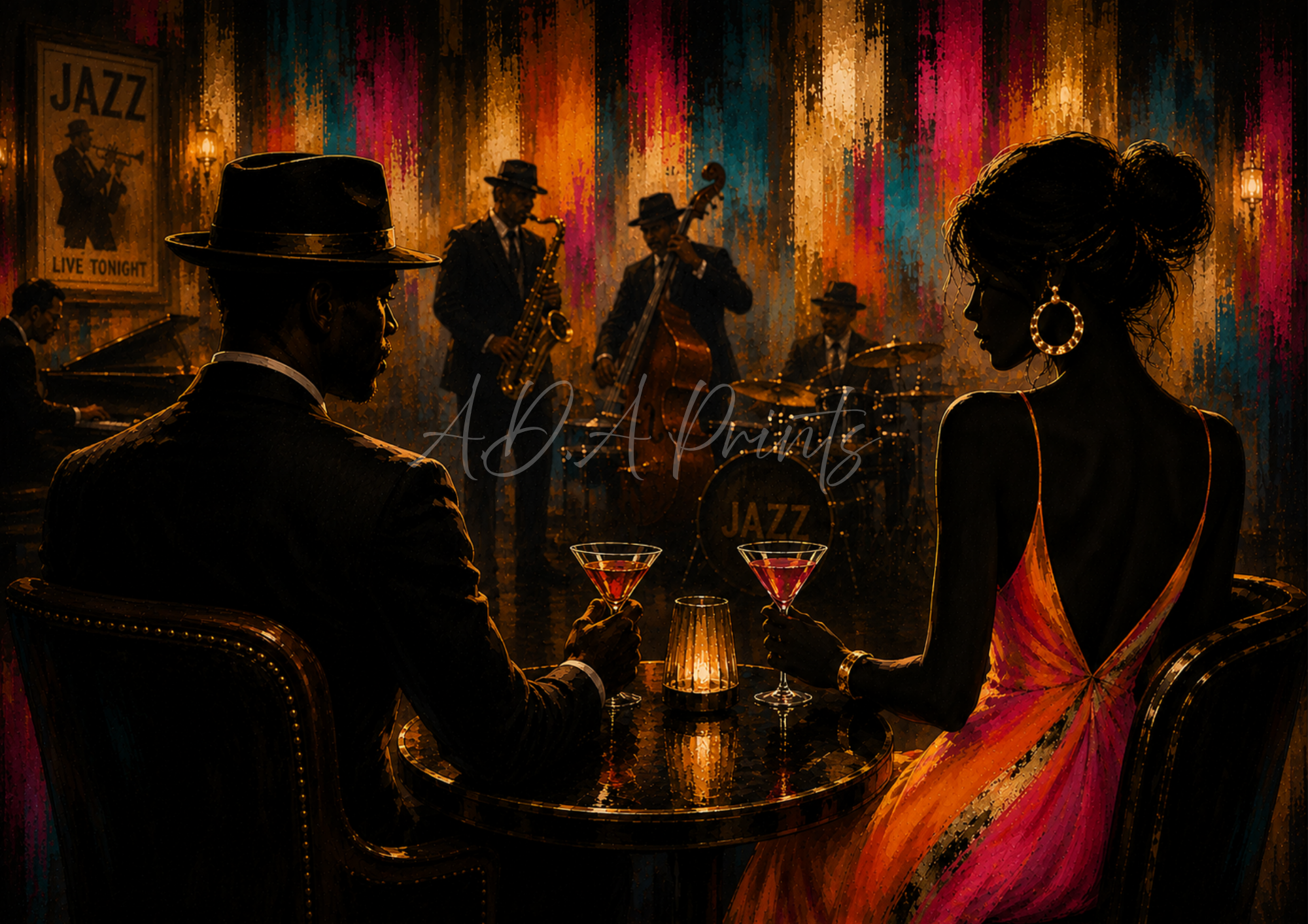 Together in the Club jazz art print - Original colourway, couple watching live jazz band by candlelight