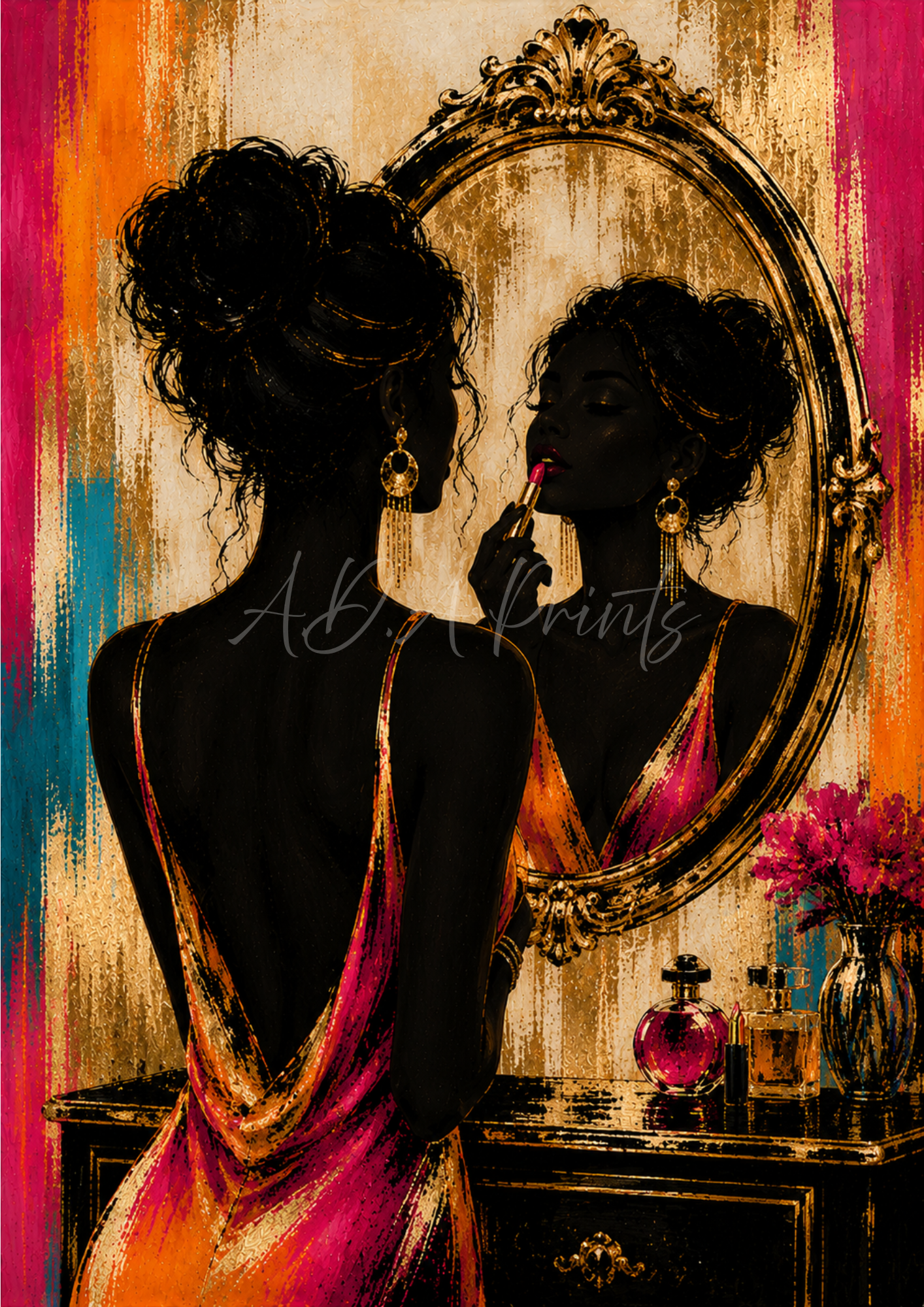 The Finishing Touch jazz art print - Original colourway, glamorous woman applying lipstick at ornate vanity mirror