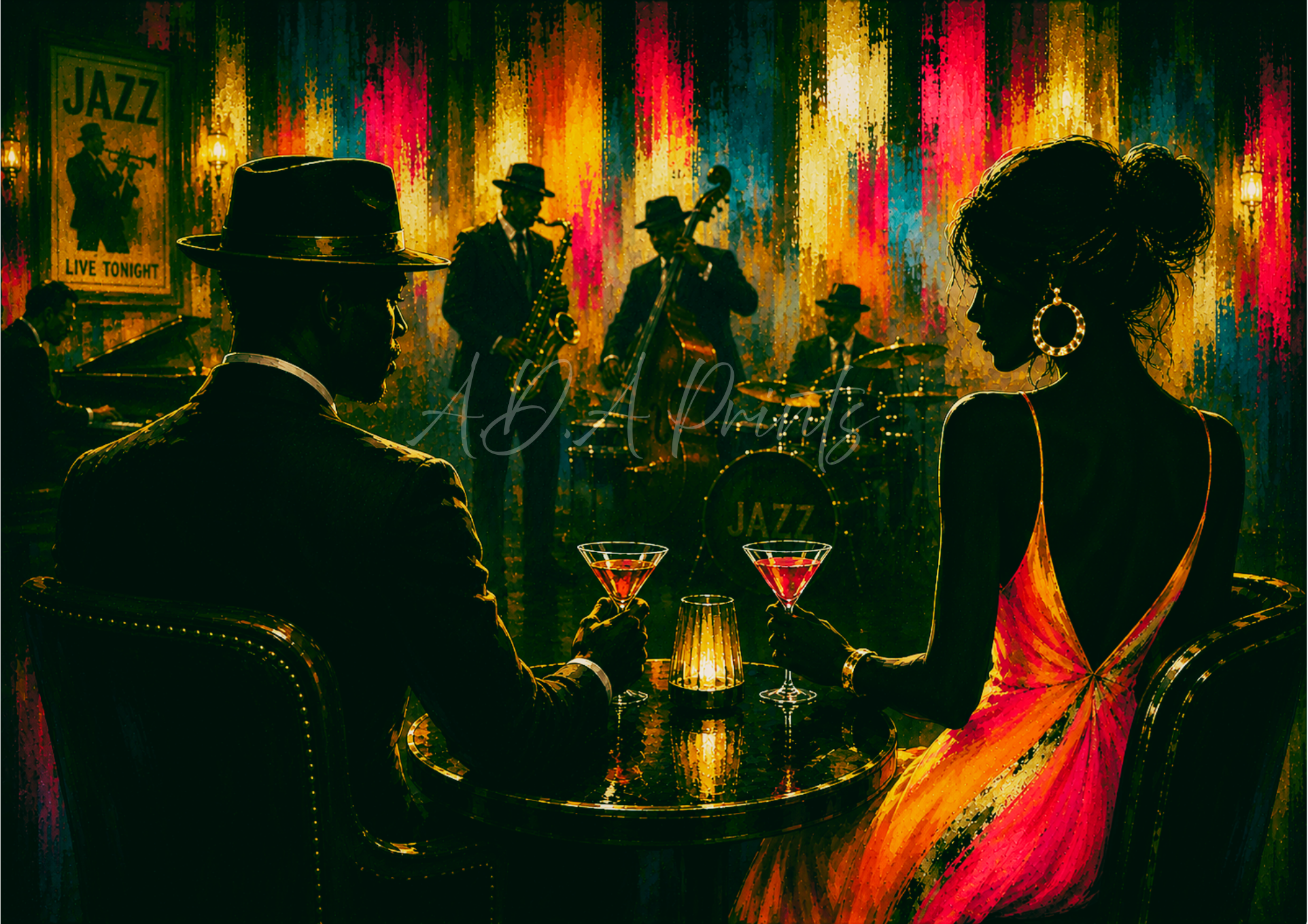 Together in the Club jazz art print - Midnight colourway, couple watching live jazz band by candlelight