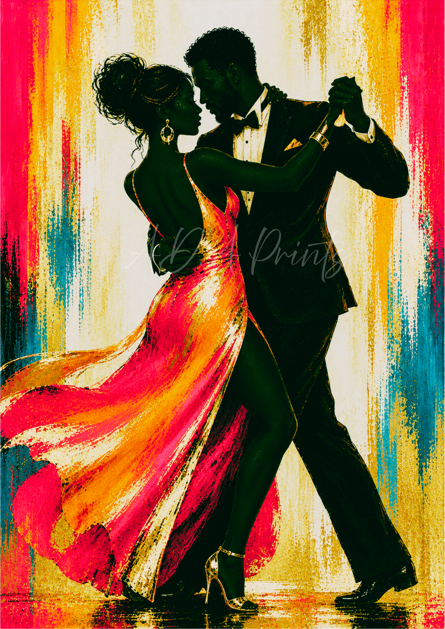 The Last Dance jazz art print - Sunset colourway, couple dancing in flowing red and gold gown
