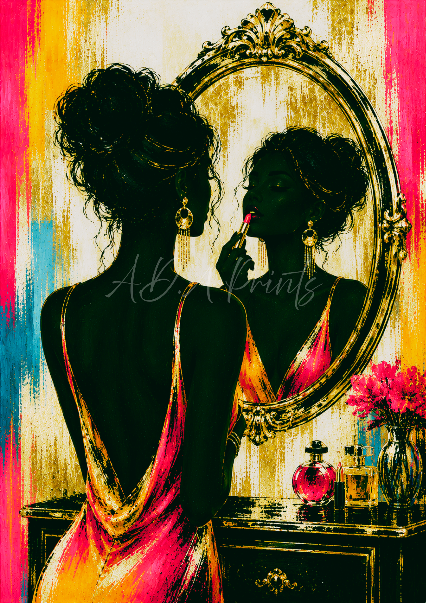 The Finishing Touch jazz art print - Sunset colourway, glamorous woman applying lipstick at ornate vanity mirror