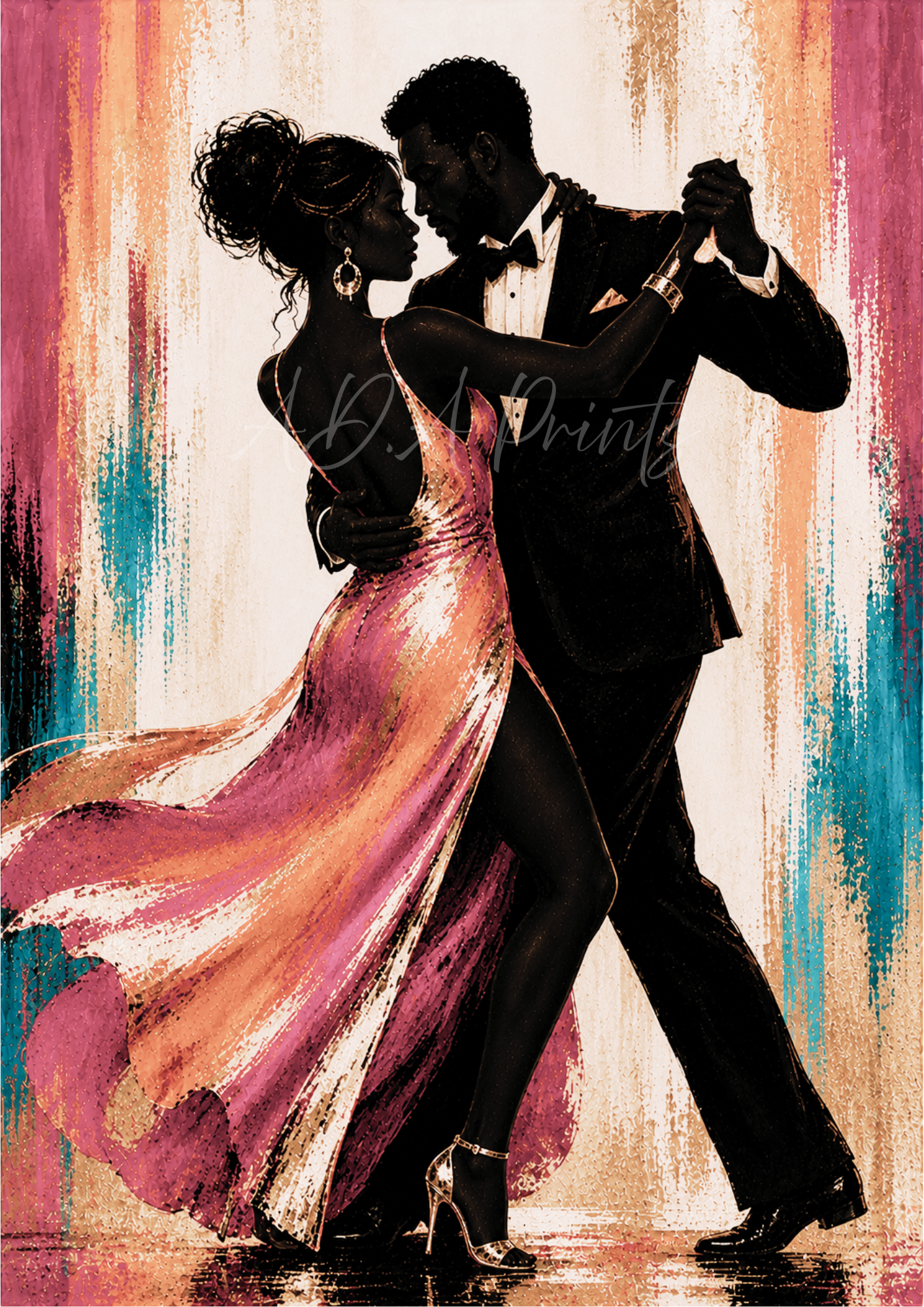 The Last Dance jazz art print - Blush colourway, couple dancing in flowing pink and gold gown