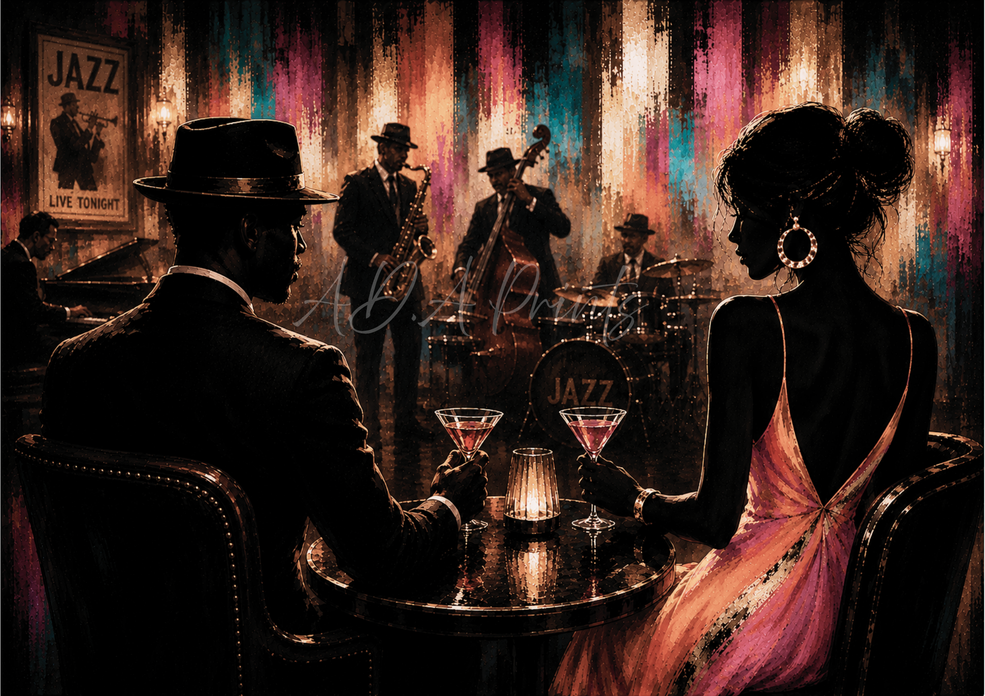 Together in the Club jazz art print - Blush colourway, couple watching live jazz band by candlelight