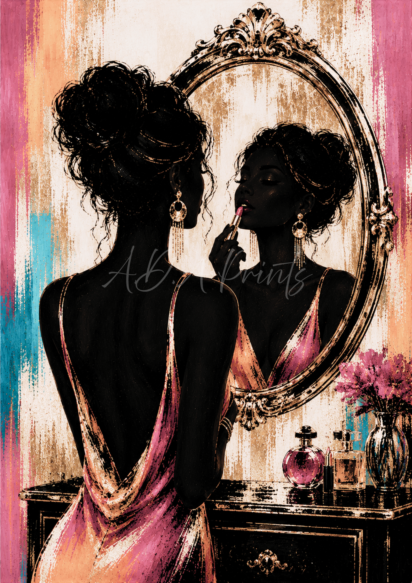 The Finishing Touch jazz art print - Blush colourway, glamorous woman applying lipstick at ornate vanity mirror